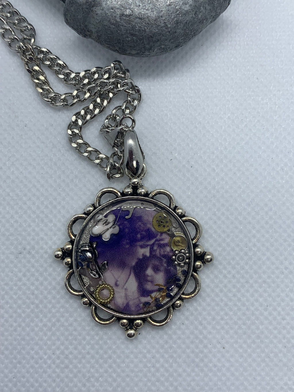 Round Silver Women and child Antique Steampunk Necklace