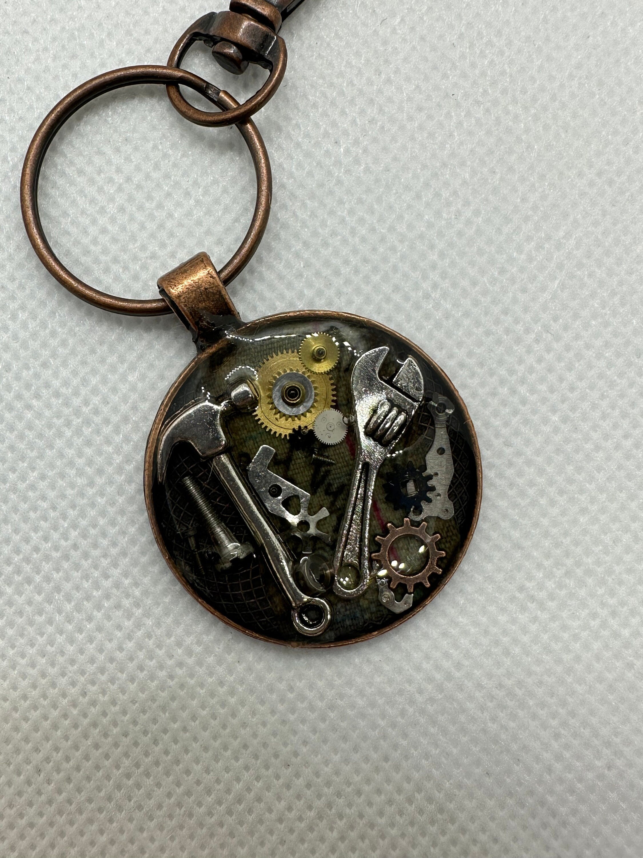 Steampunk Keychain with Hammer and Wrench
