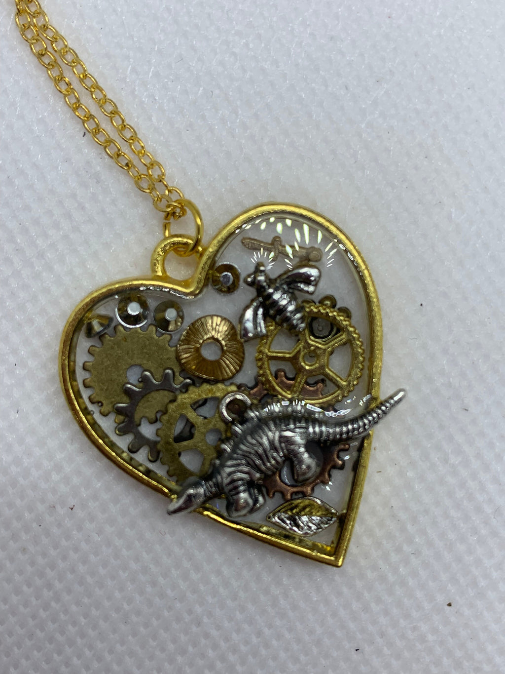 Dinosaur Steampunk Gold and Silver Heart Necklace