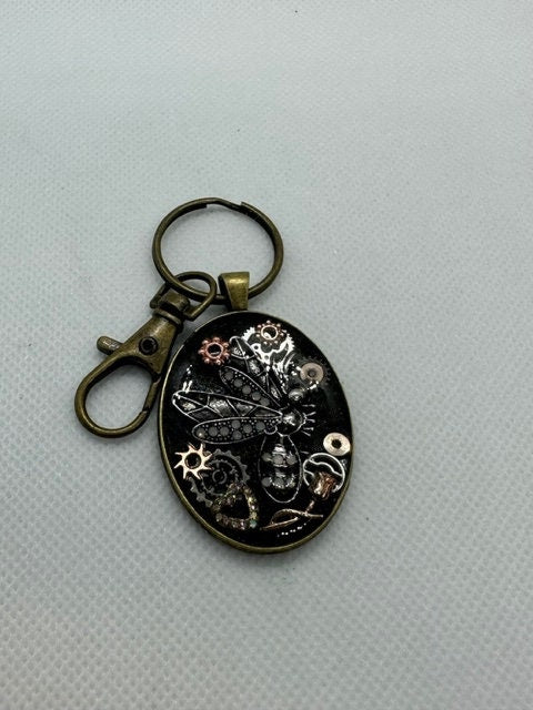 Dragonfly Steampunk Oval Keychain