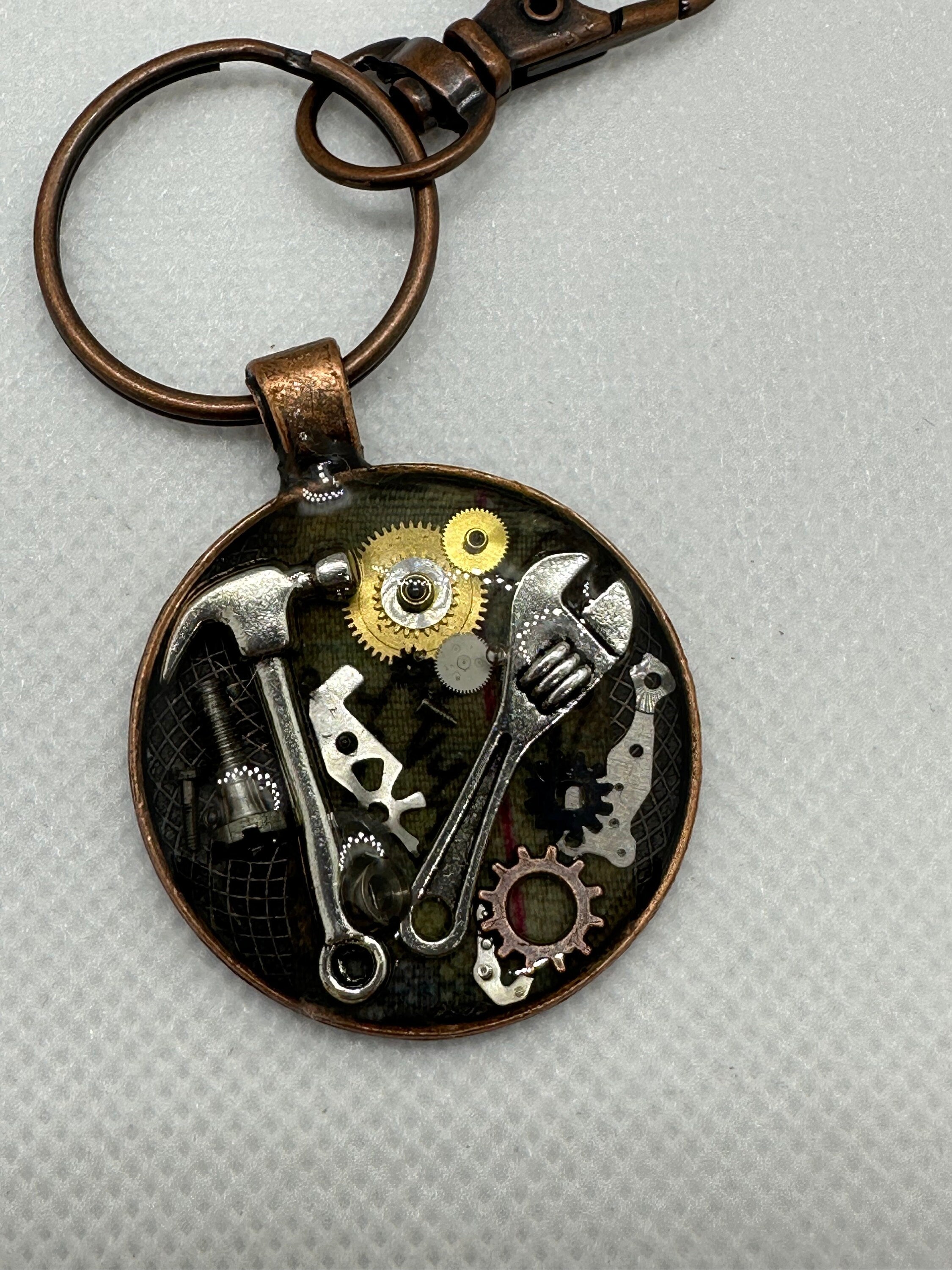 Steampunk Keychain with Hammer and Wrench