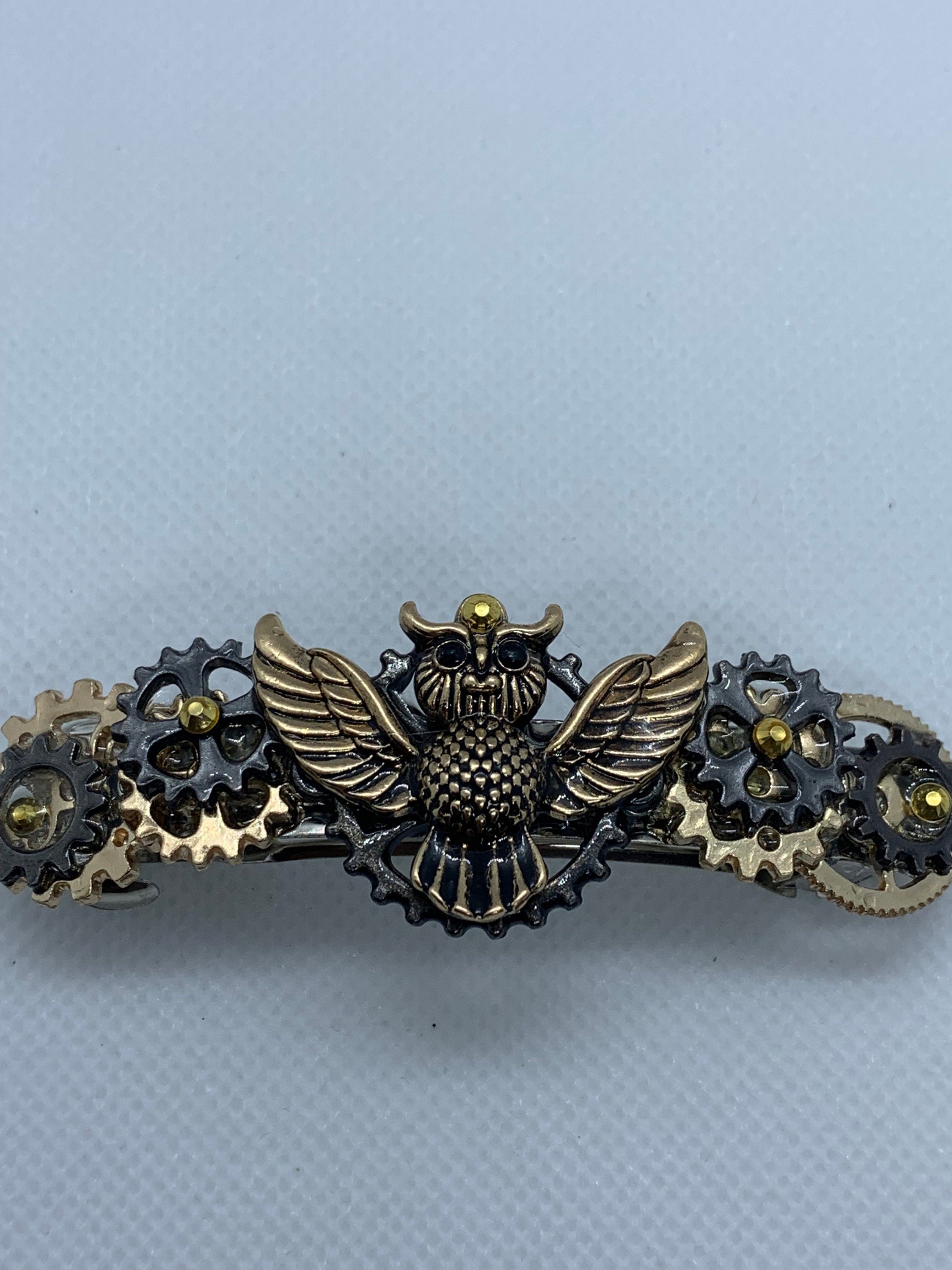 Steampunk Owl Black and Gold Hair Clip
