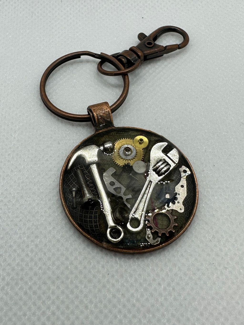 Steampunk Keychain with Hammer and Wrench
