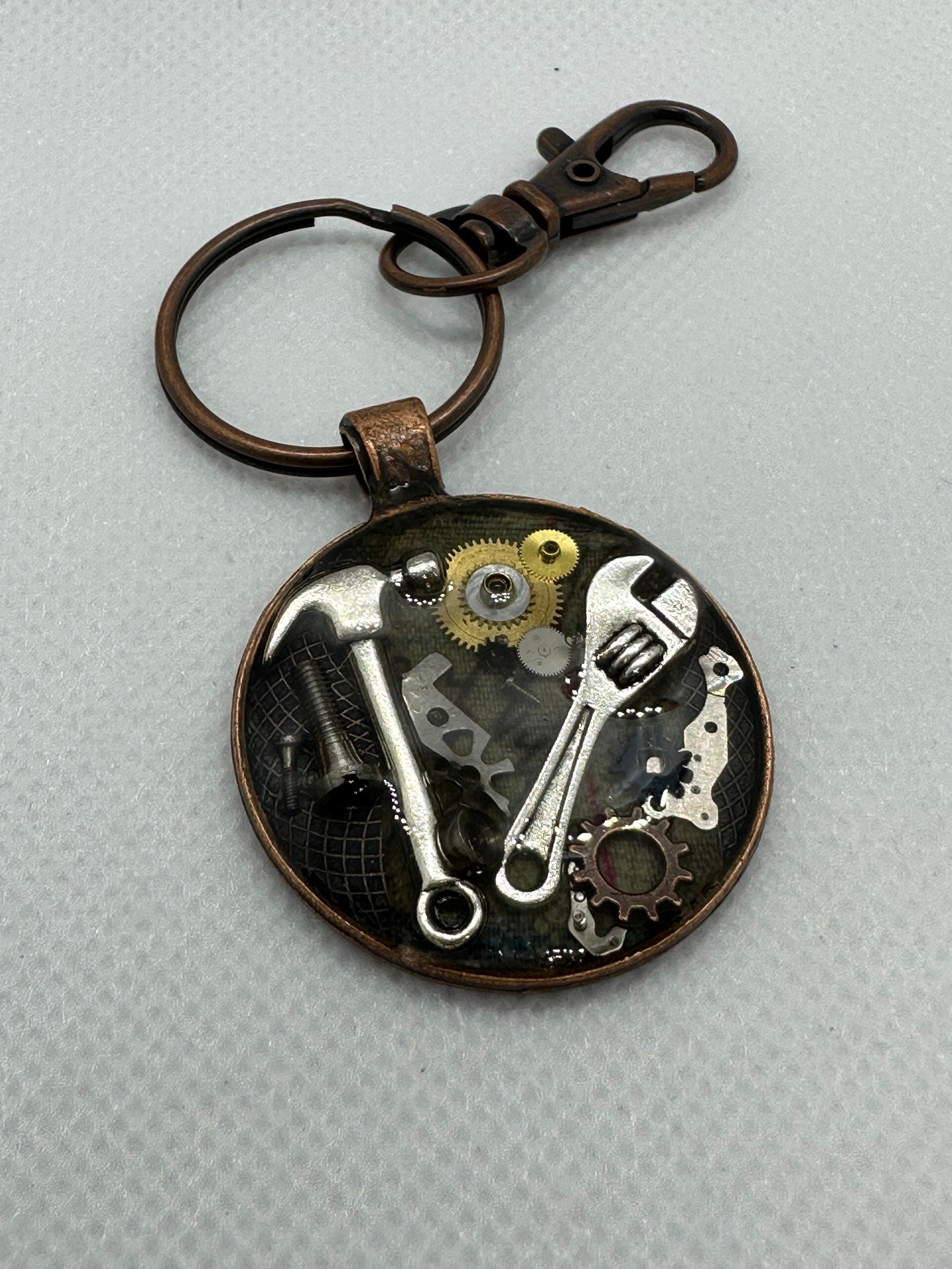 Steampunk Keychain with Hammer and Wrench