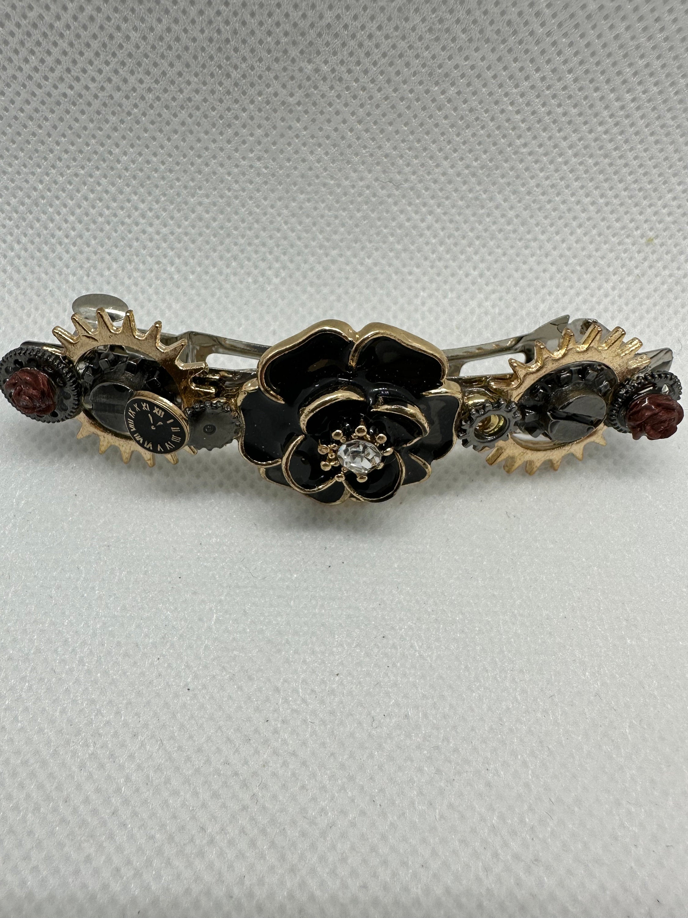 Black and Gold Steampunk Rose Metal Hair Clip