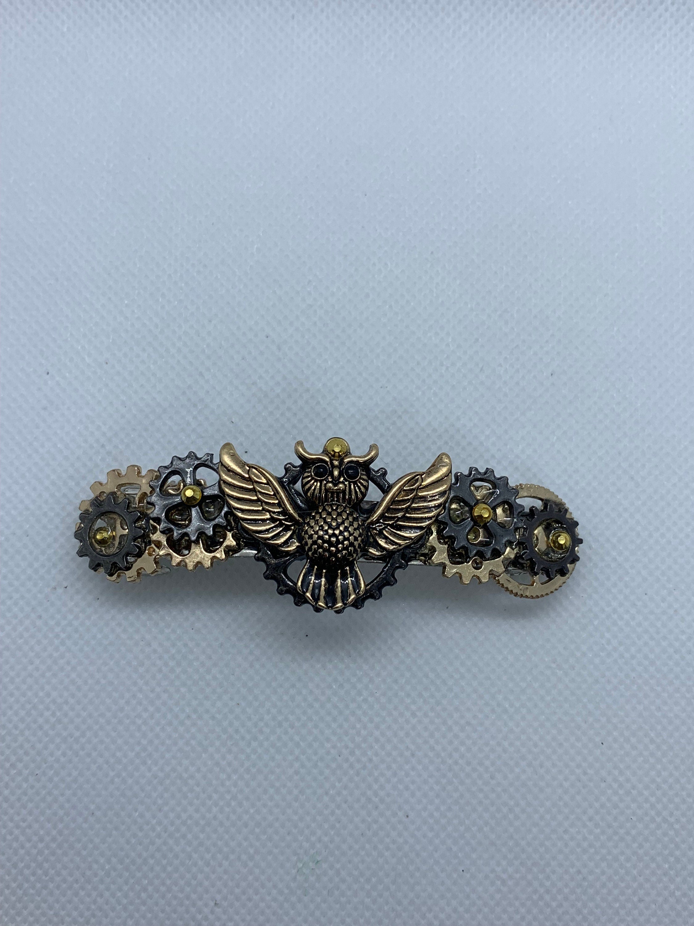 Steampunk Owl Black and Gold Hair Clip