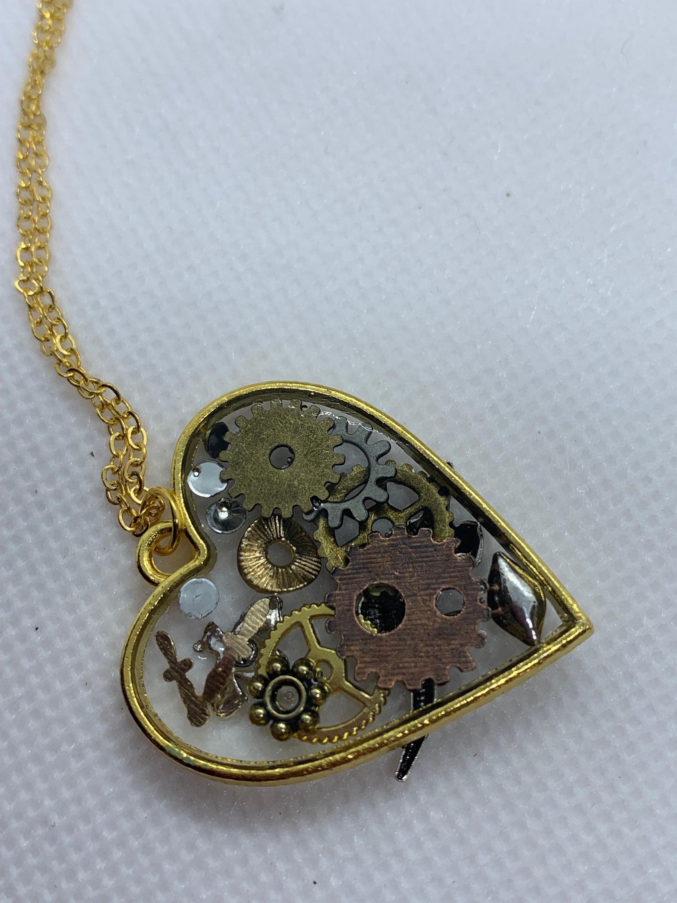Dinosaur Steampunk Gold and Silver Heart Necklace