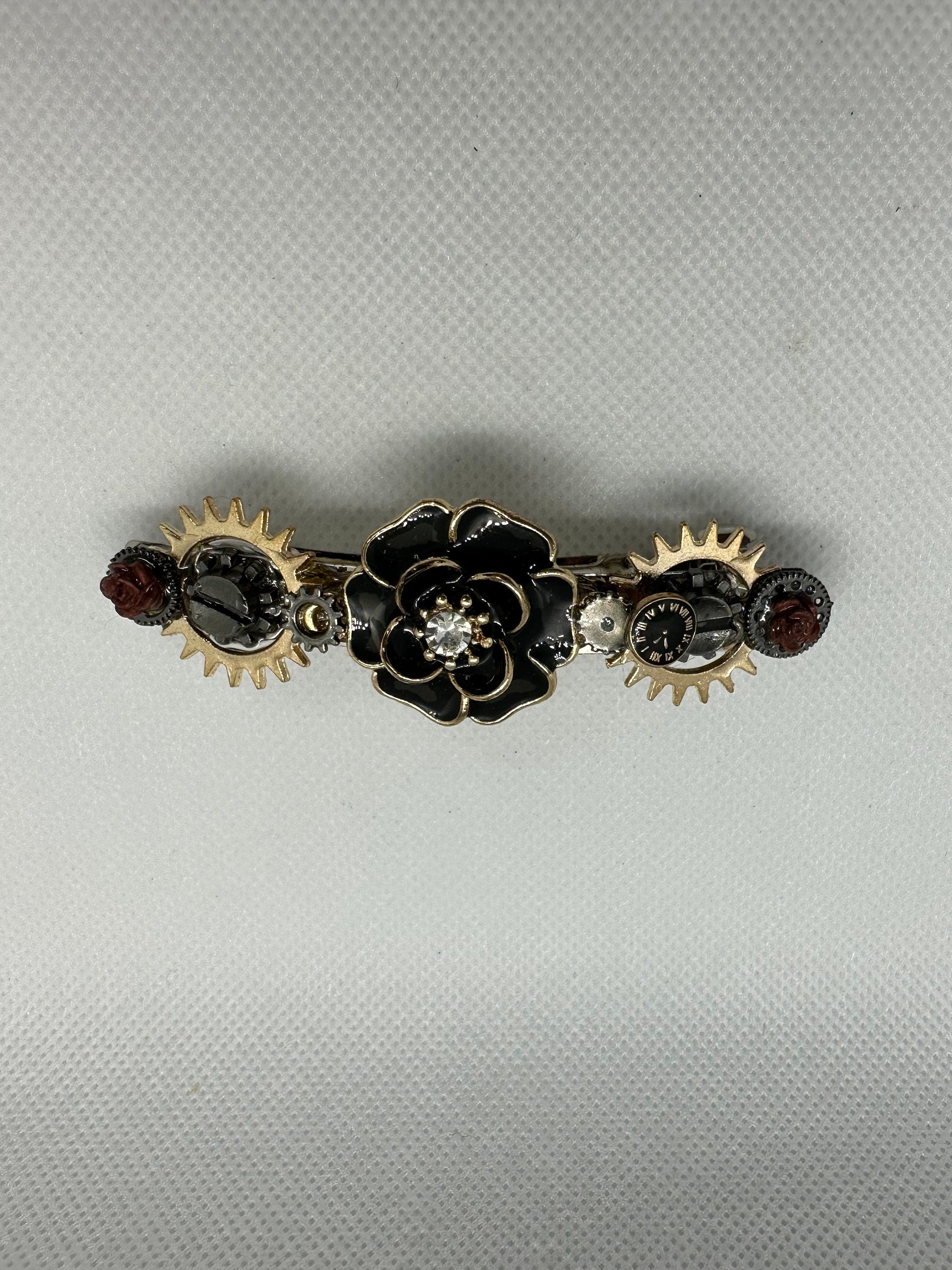 Black and Gold Steampunk Rose Metal Hair Clip