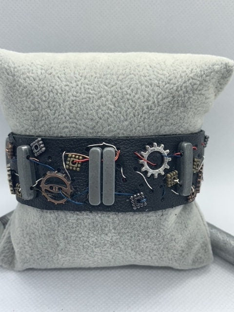 Black Leather Steampunk Electrical Theme Bracelet