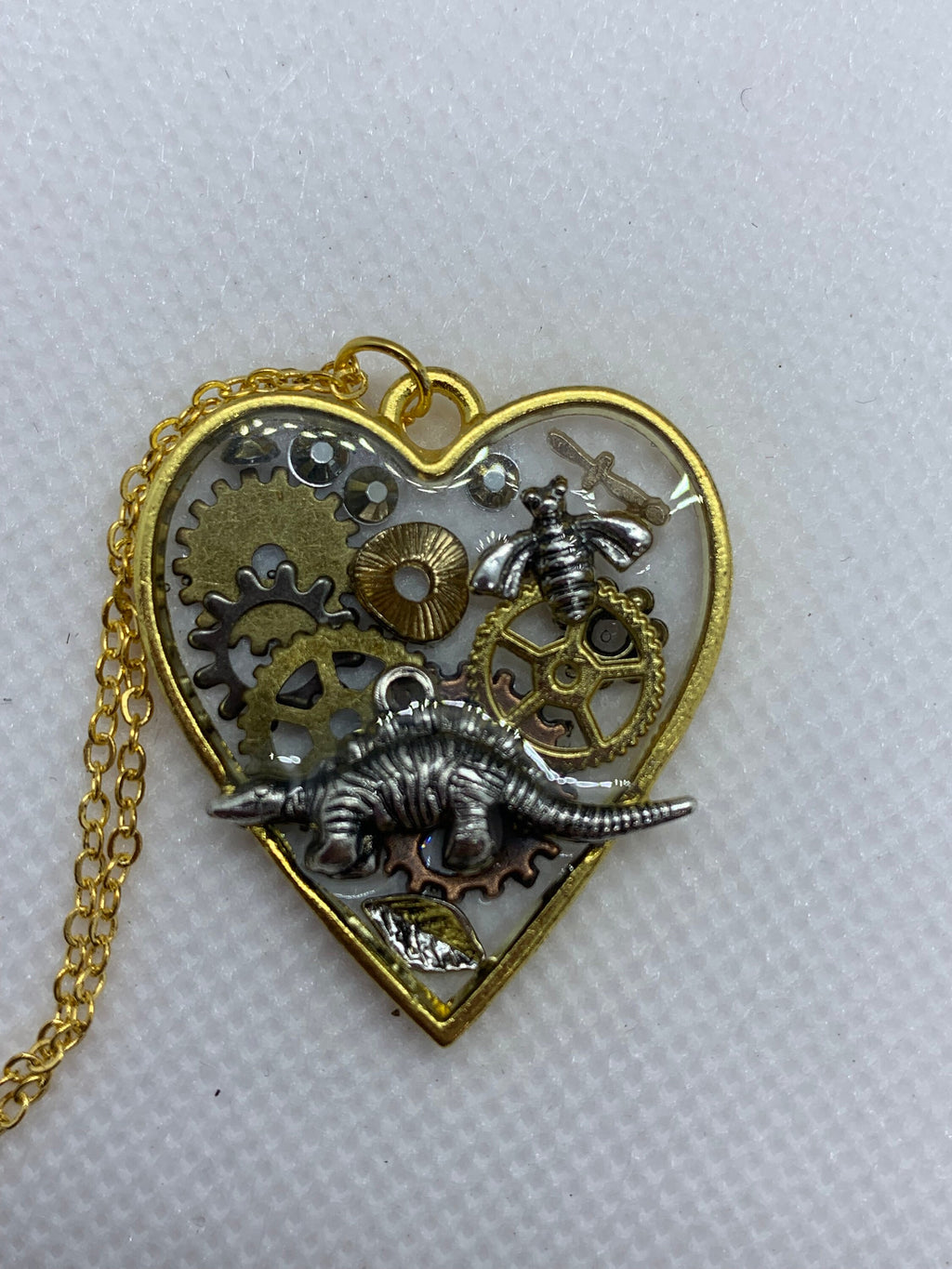 Dinosaur Steampunk Gold and Silver Heart Necklace