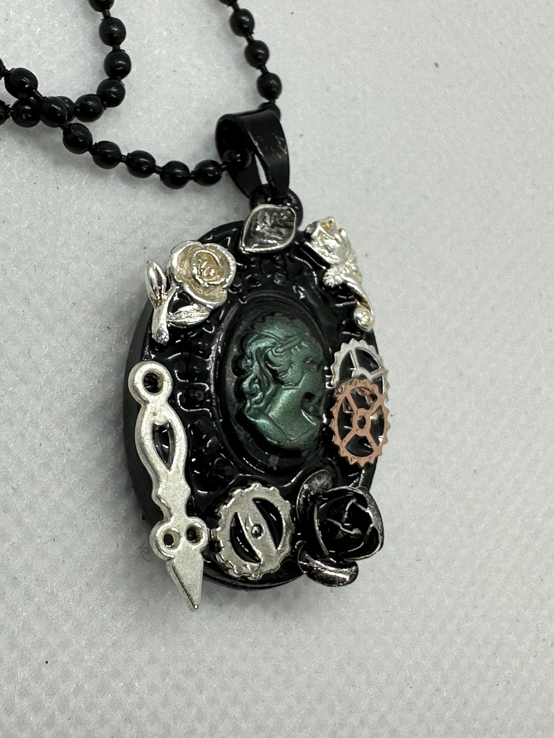 Steampunk Black and Green Lady Cameo