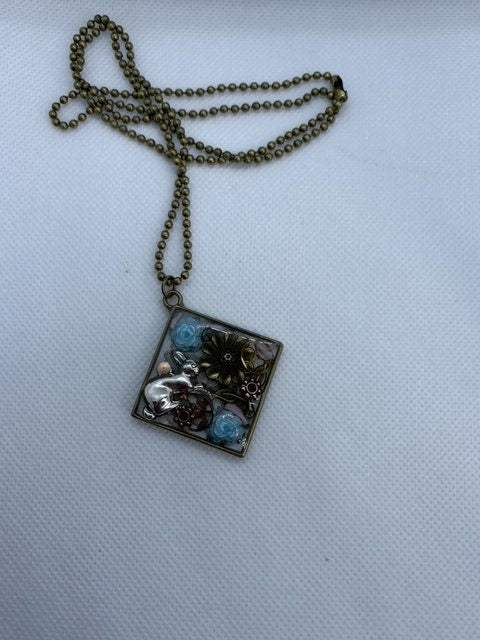 Easter Rabbit Blue roses Steampunk Necklace