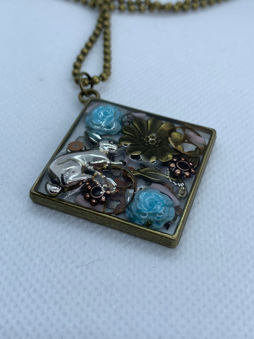 Easter Rabbit Blue roses Steampunk Necklace