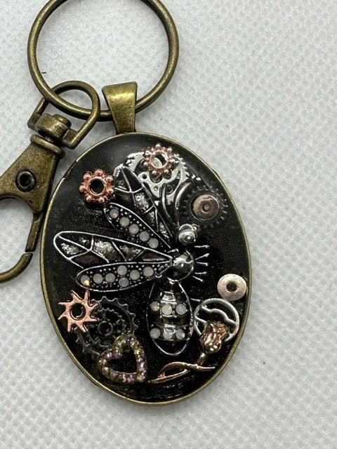 Dragonfly Steampunk Oval Keychain