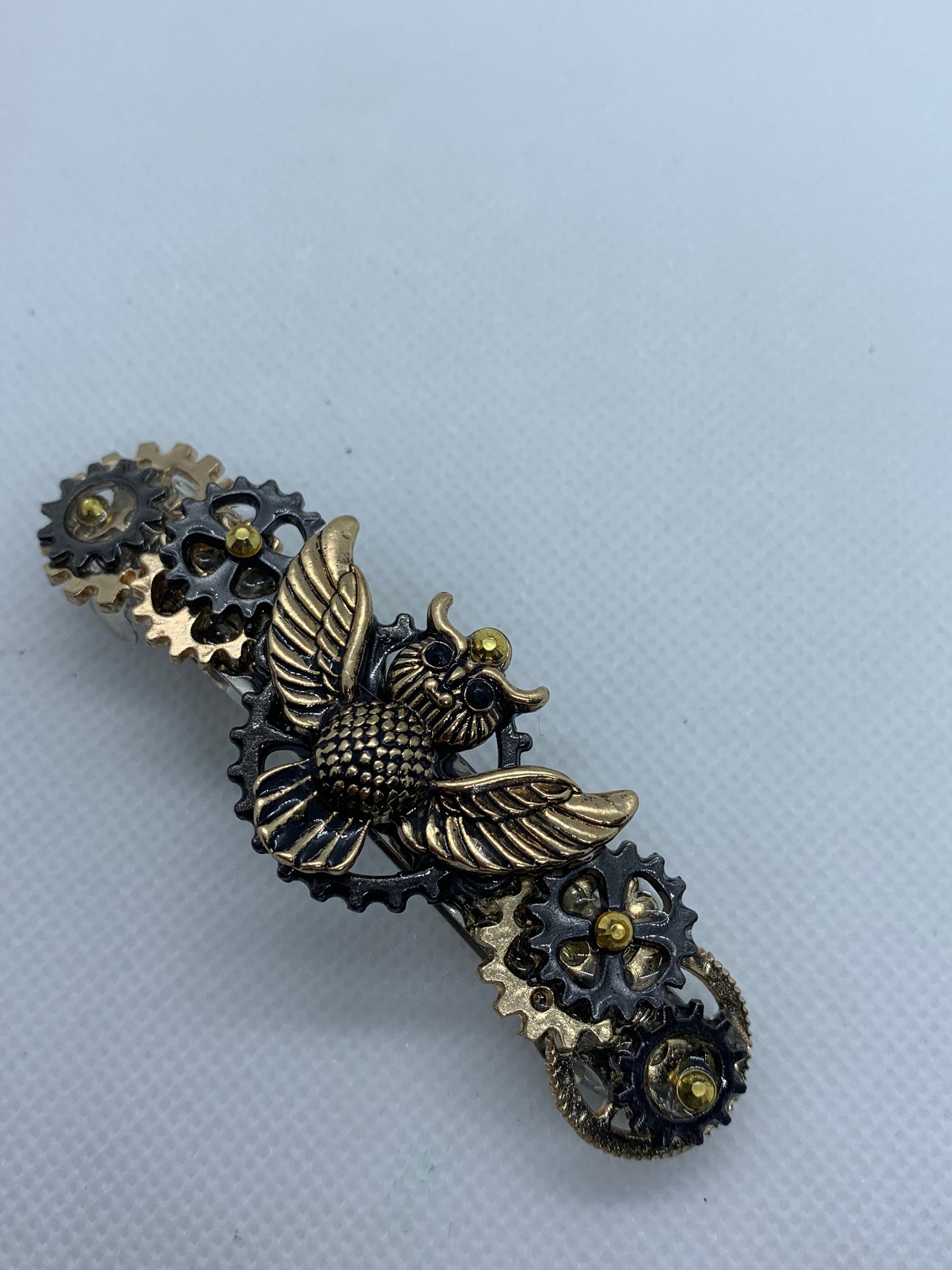 Steampunk Owl Black and Gold Hair Clip