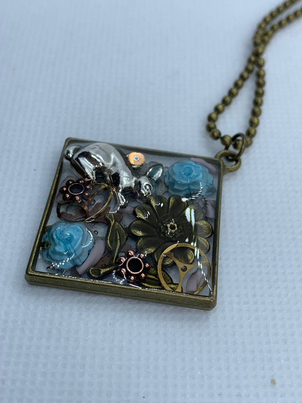 Easter Rabbit Blue roses Steampunk Necklace