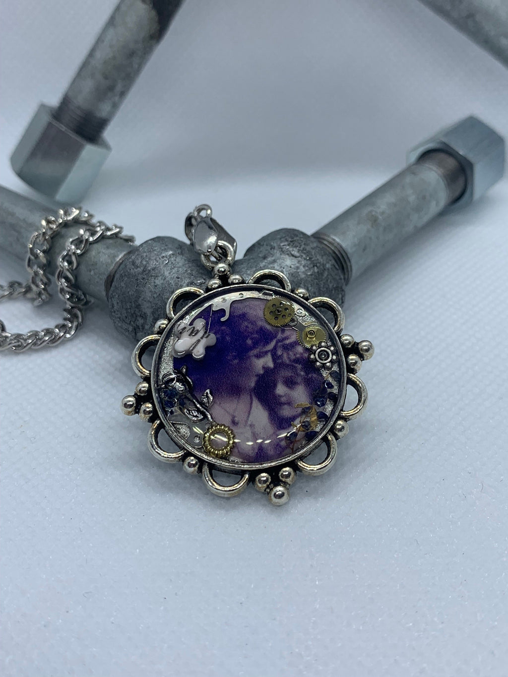 Round Silver Women and child Antique Steampunk Necklace