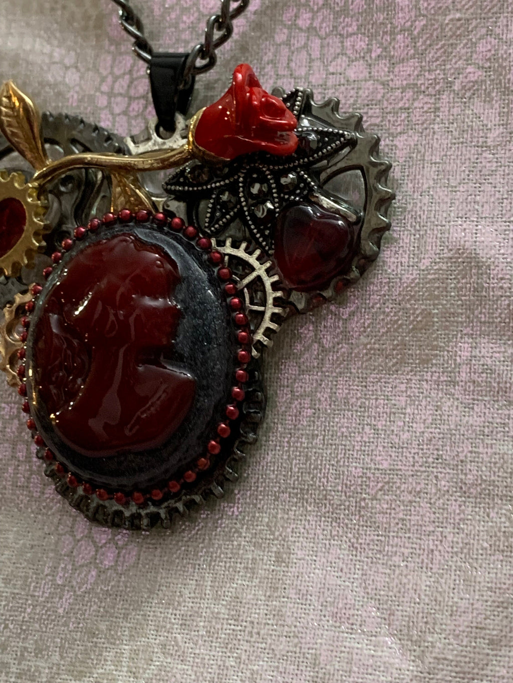 Lady Cameo Steampunk necklace Red and Black