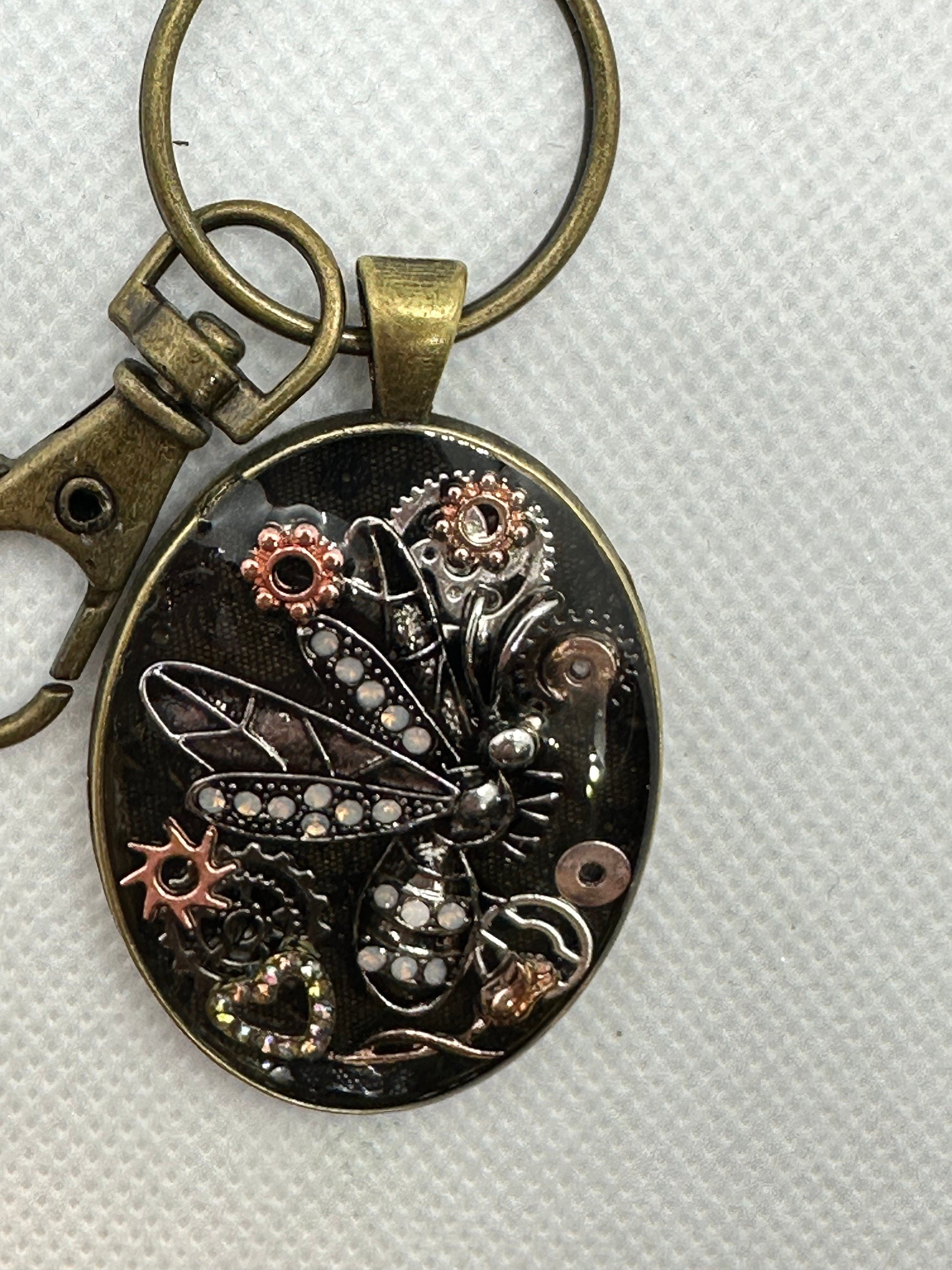 Dragonfly Steampunk Oval Keychain