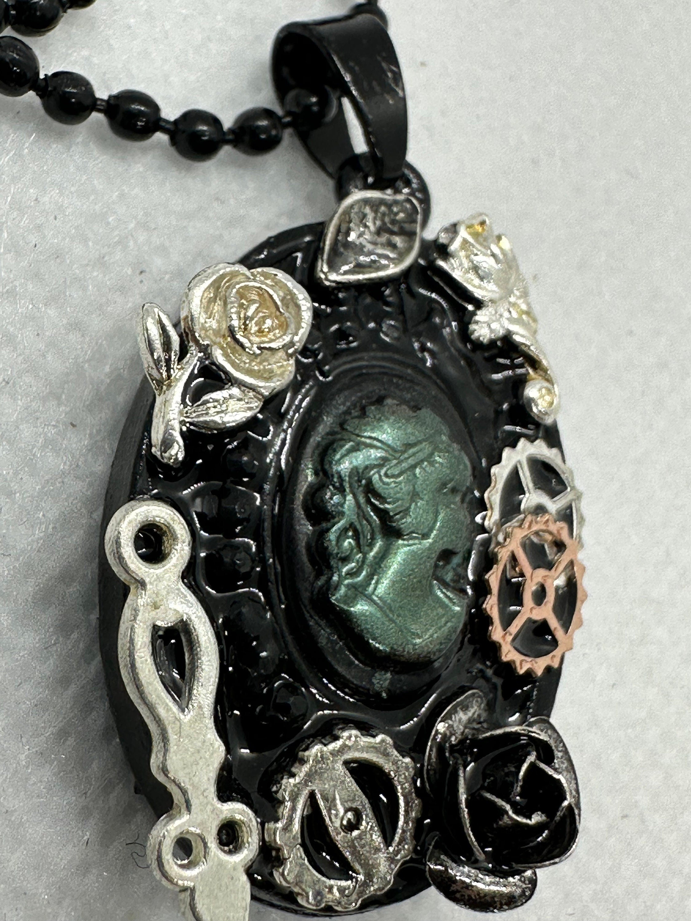 Steampunk Black and Green Lady Cameo