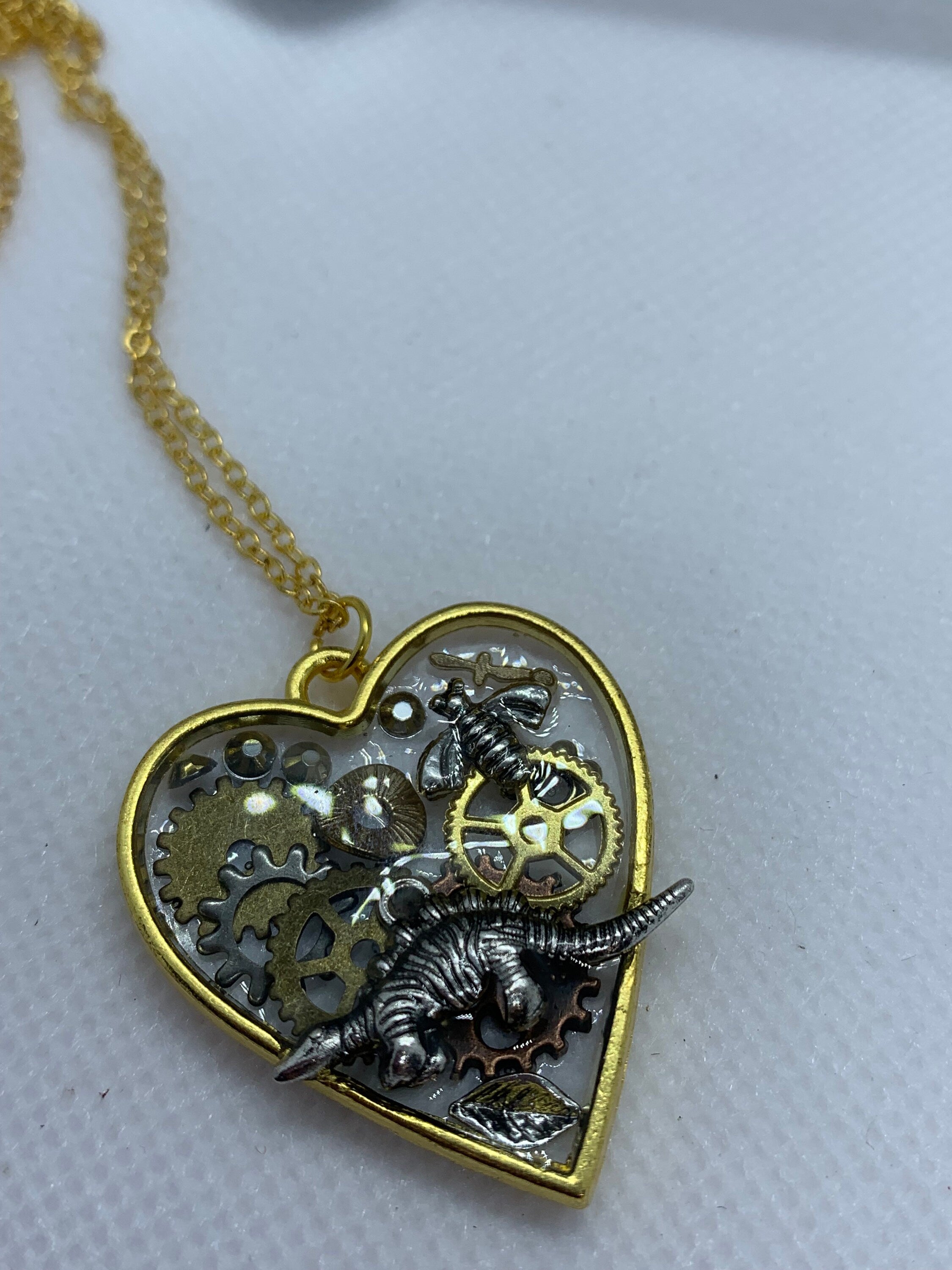 Dinosaur Steampunk Gold and Silver Heart Necklace
