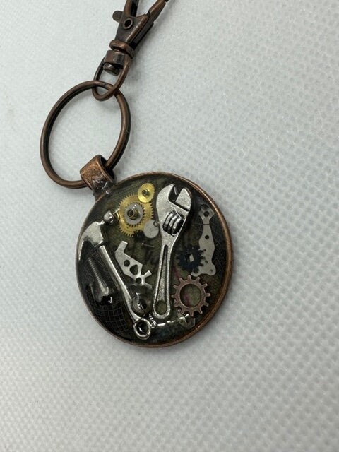 Steampunk Keychain with Hammer and Wrench