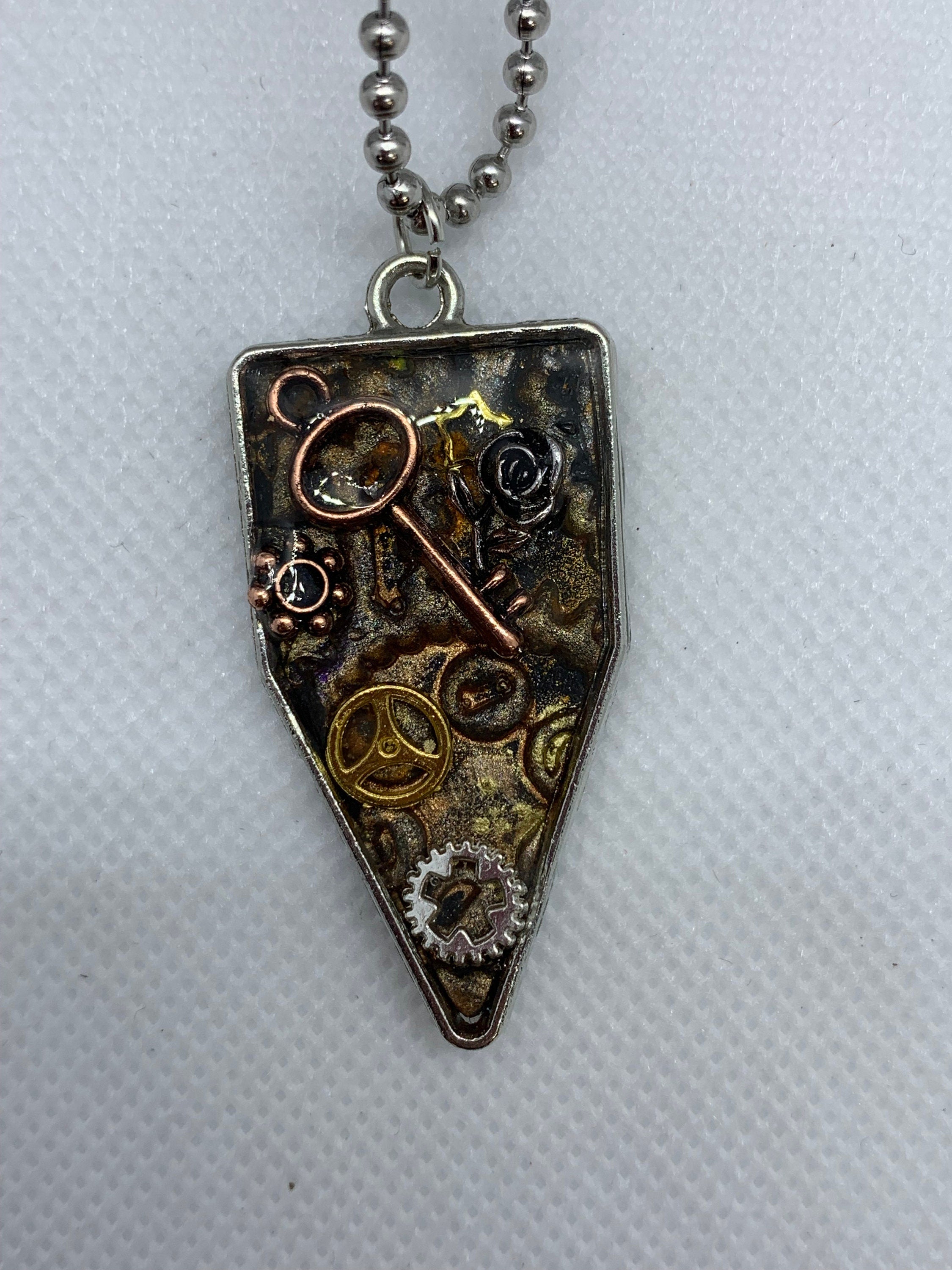 Steampunk Metal and Clay Necklace with Skeleton Key