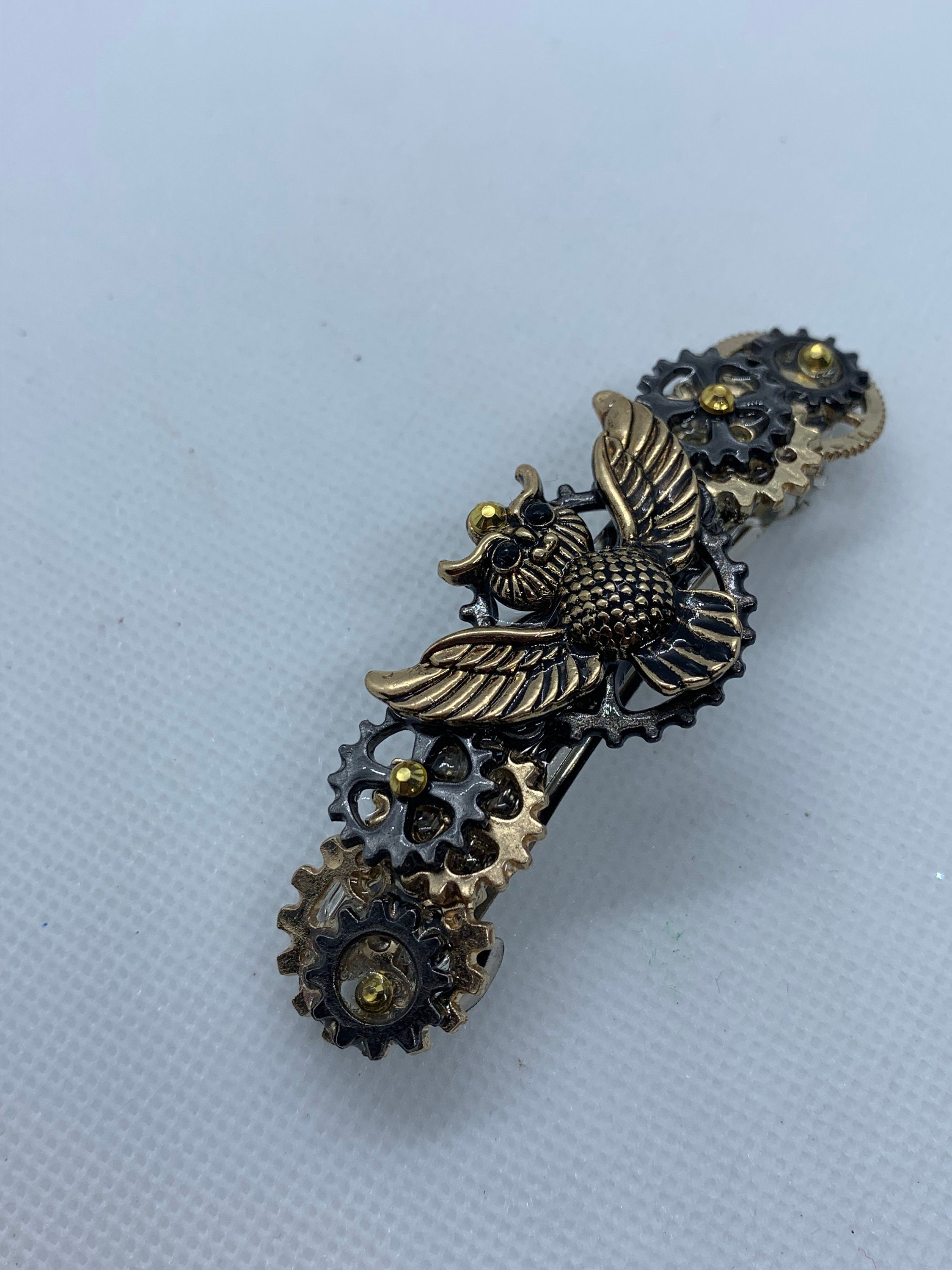 Steampunk Owl Black and Gold Hair Clip