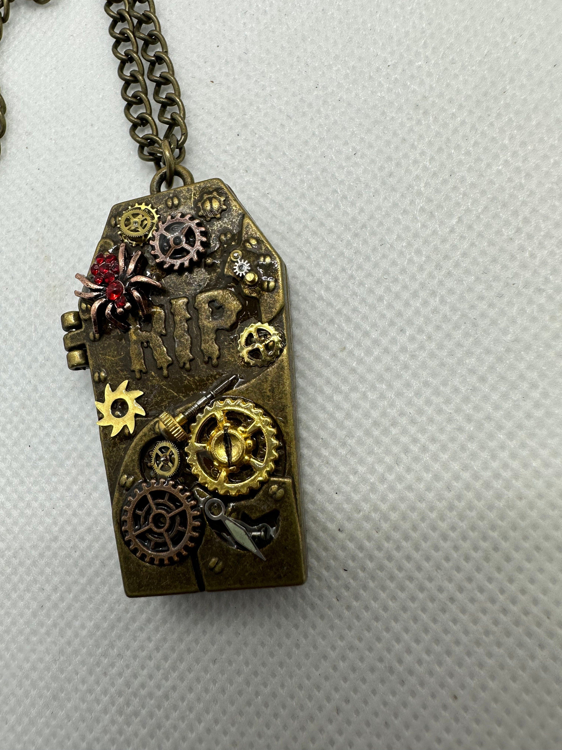 Halloween Coffin RIP Bronze Steampunk Locket Necklace