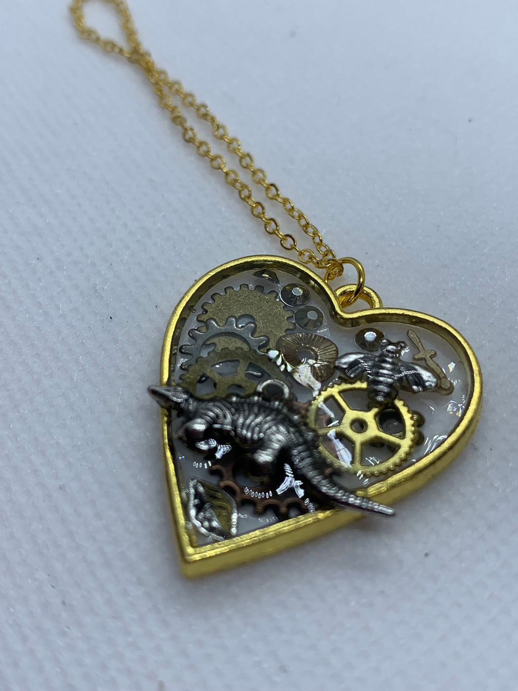 Dinosaur Steampunk Gold and Silver Heart Necklace