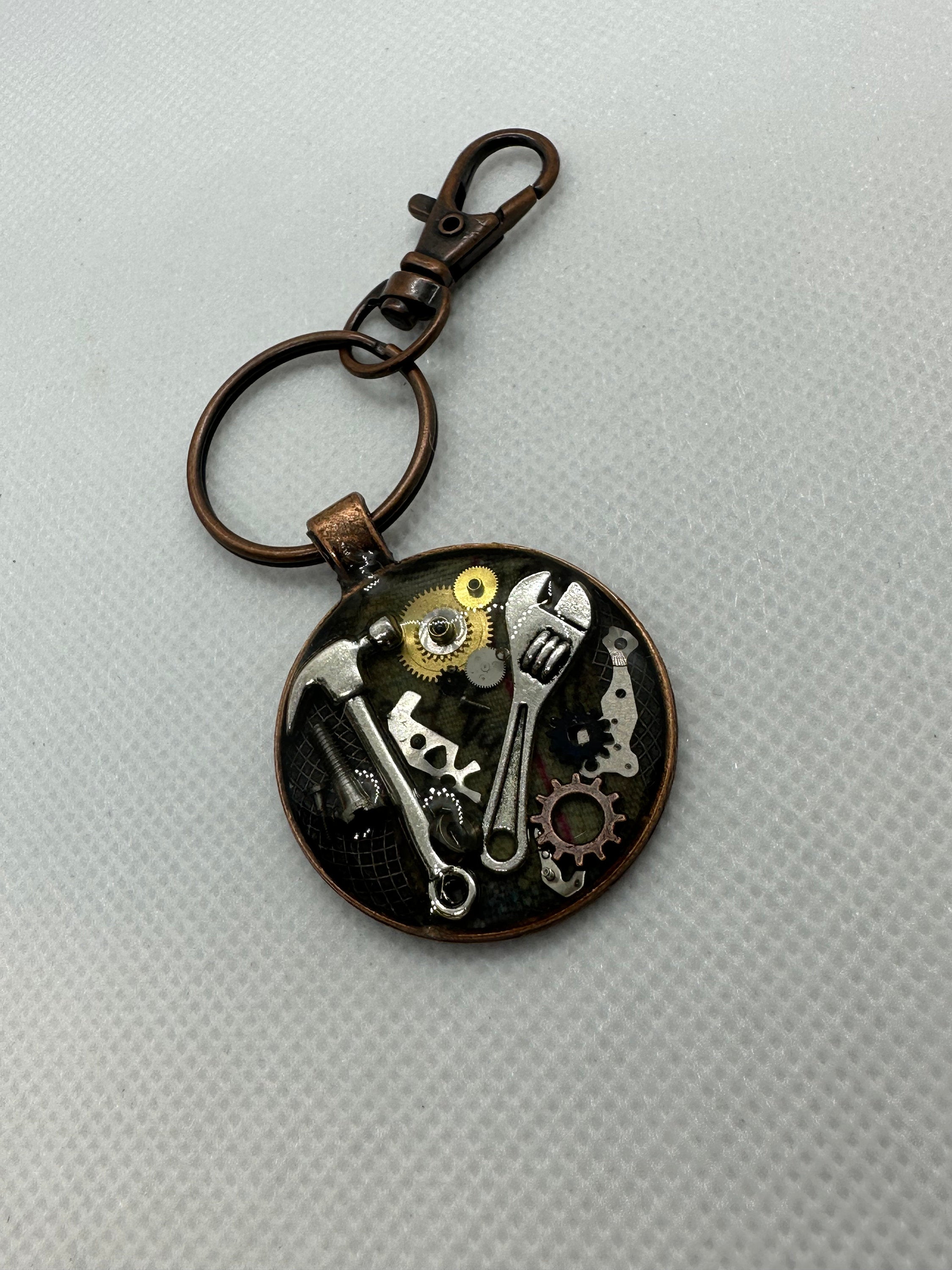 Steampunk Keychain with Hammer and Wrench