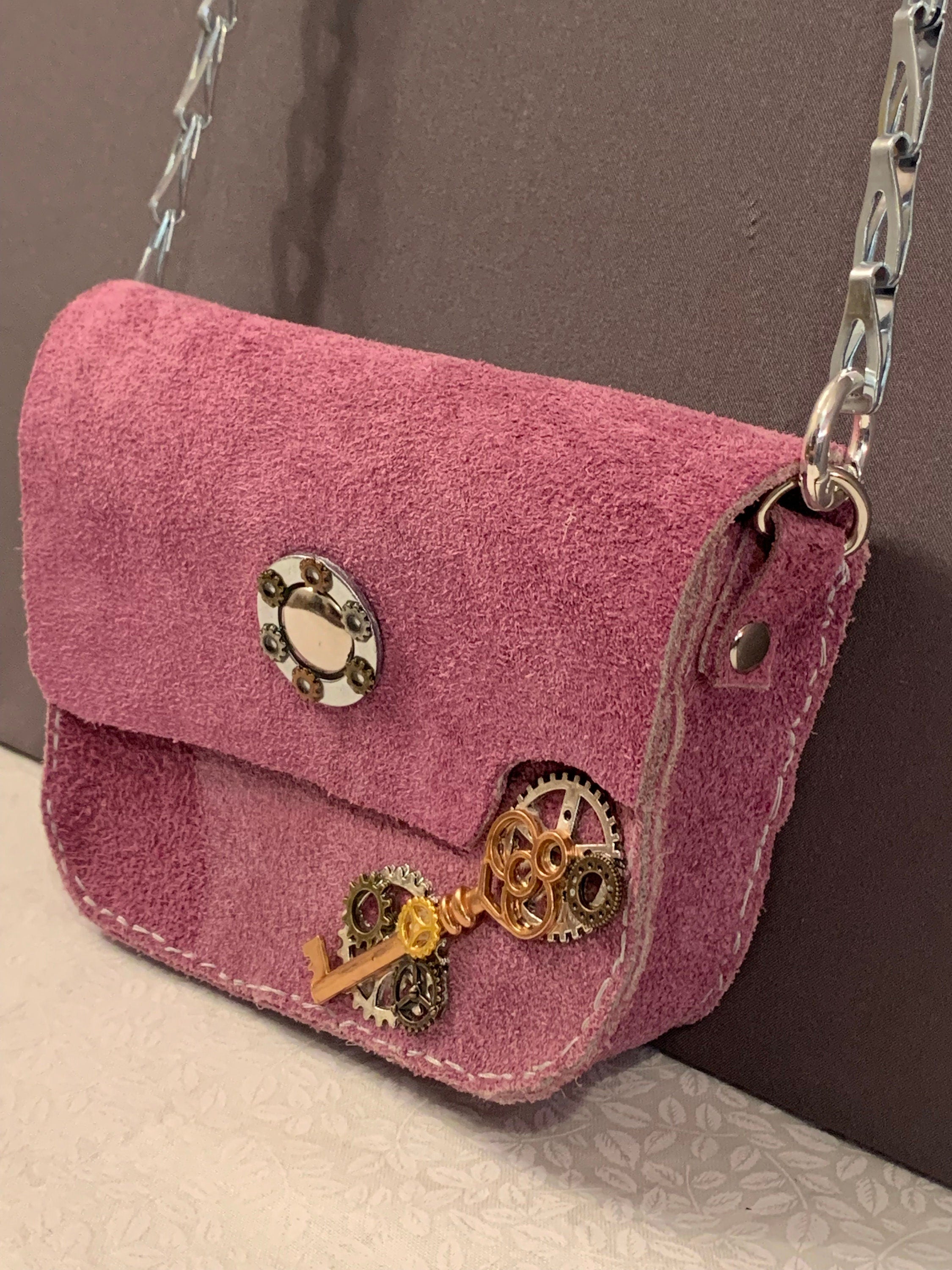 Steampunk Lavender Suede crossbody purse