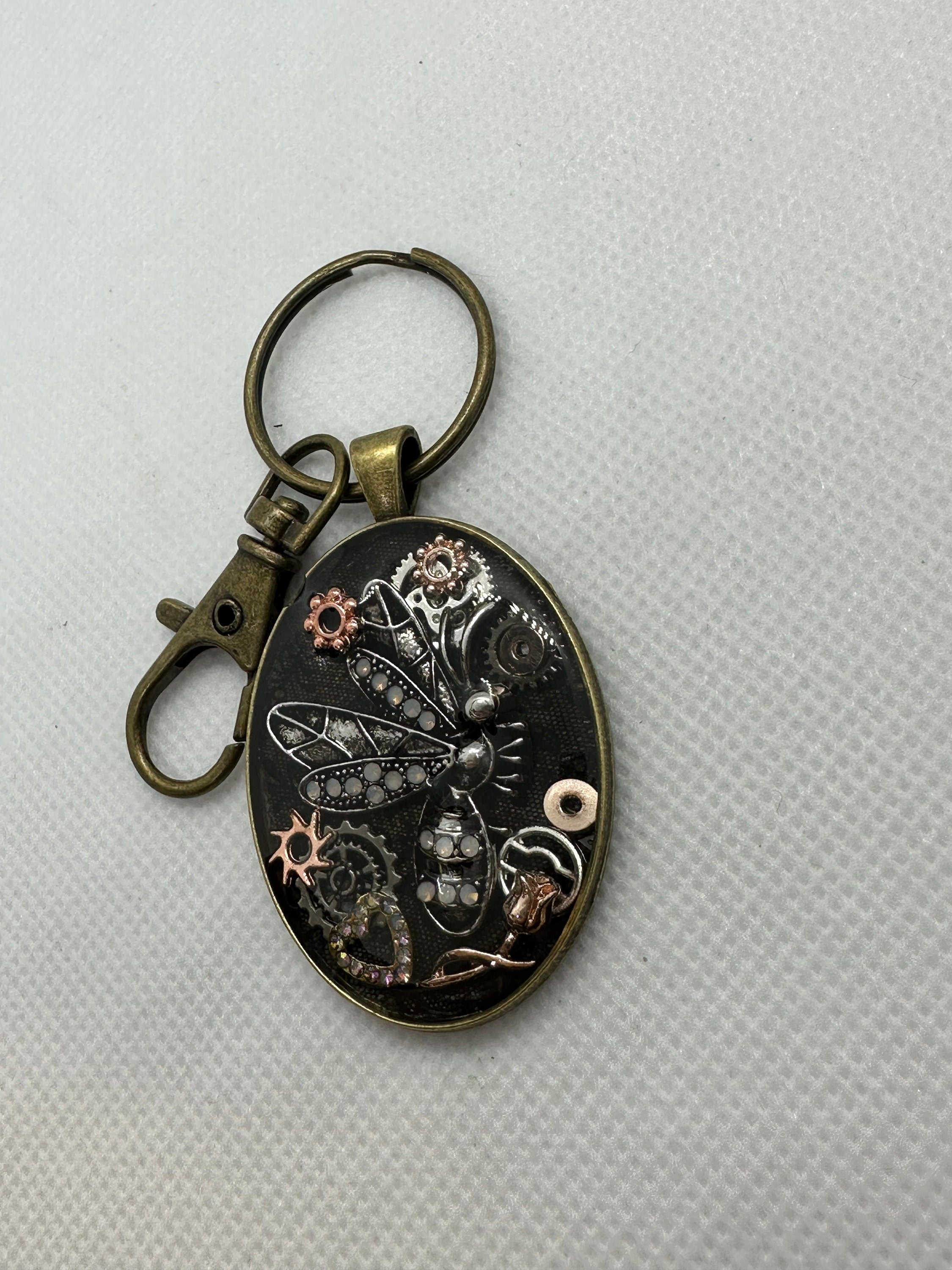 Dragonfly Steampunk Oval Keychain