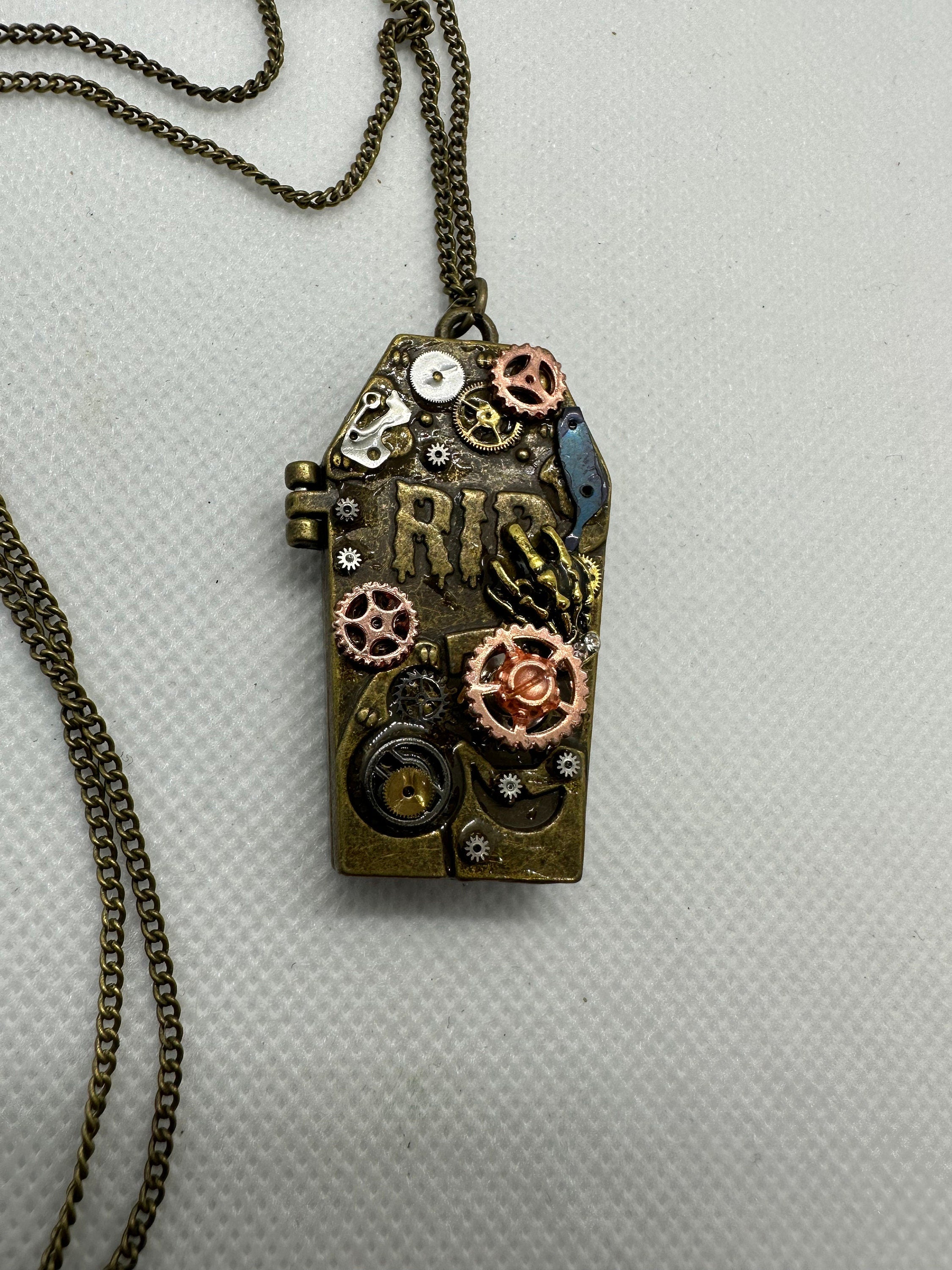 Halloween Coffin RIP Bronze Steampunk Locket Necklace
