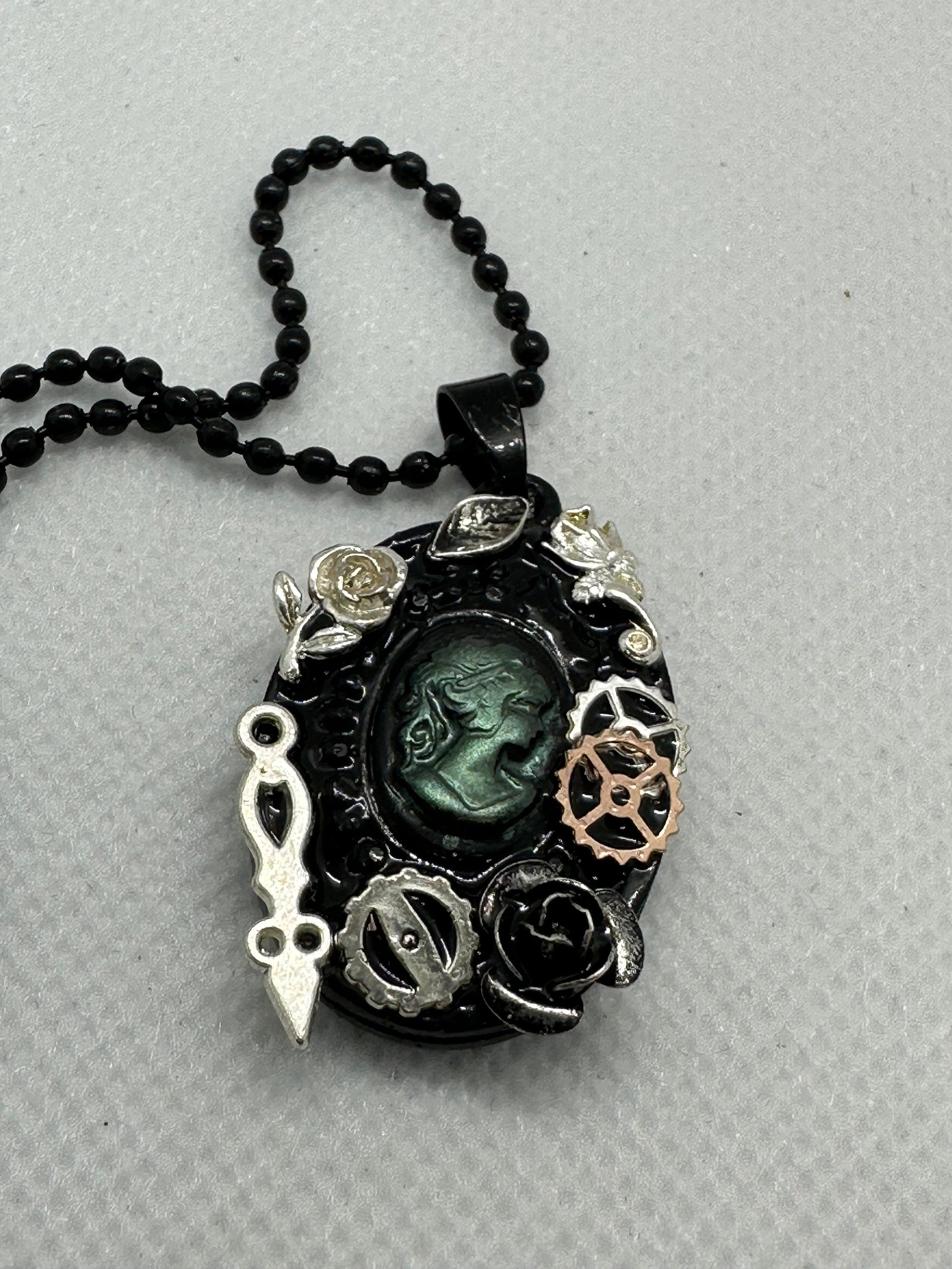 Steampunk Black and Green Lady Cameo