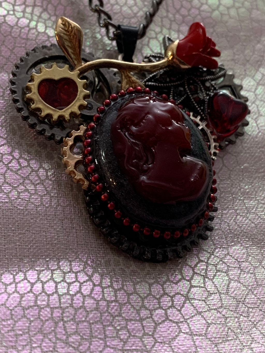 Lady Cameo Steampunk necklace Red and Black