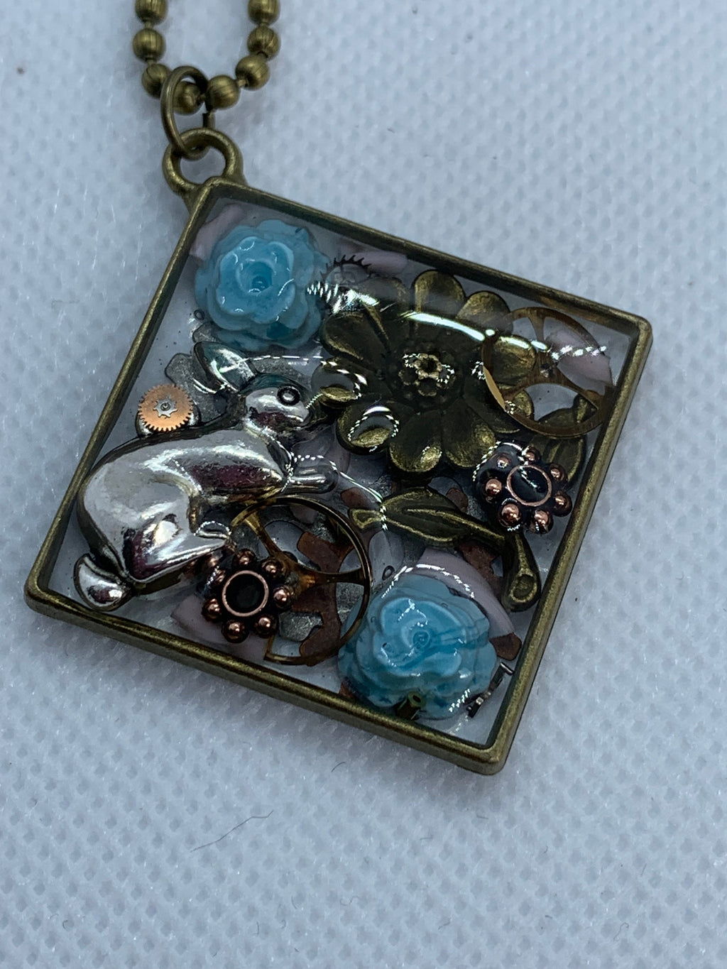 Easter Rabbit Blue roses Steampunk Necklace