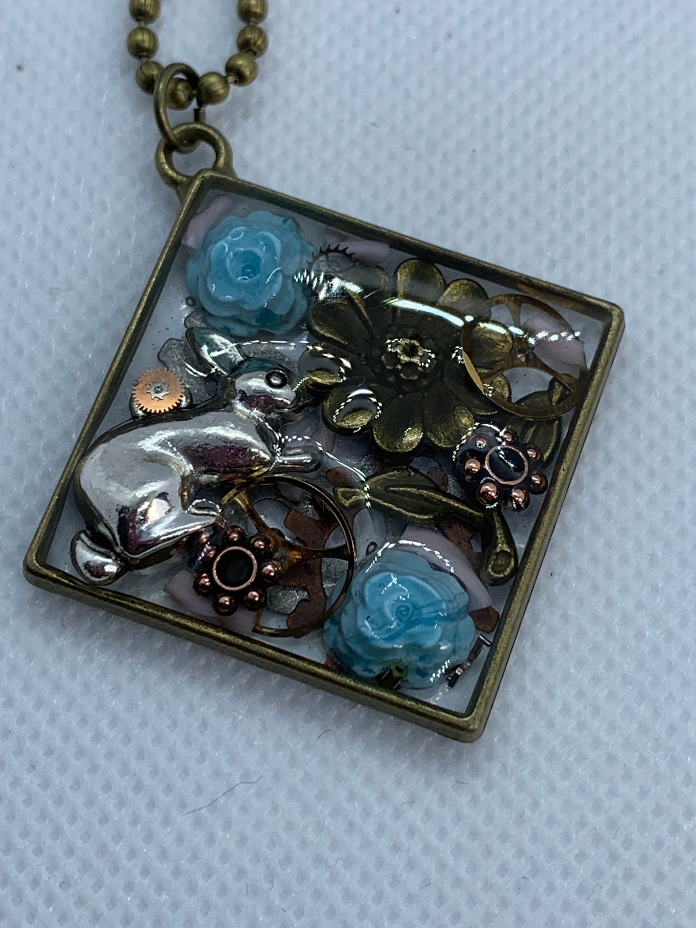 Easter Rabbit Blue roses Steampunk Necklace