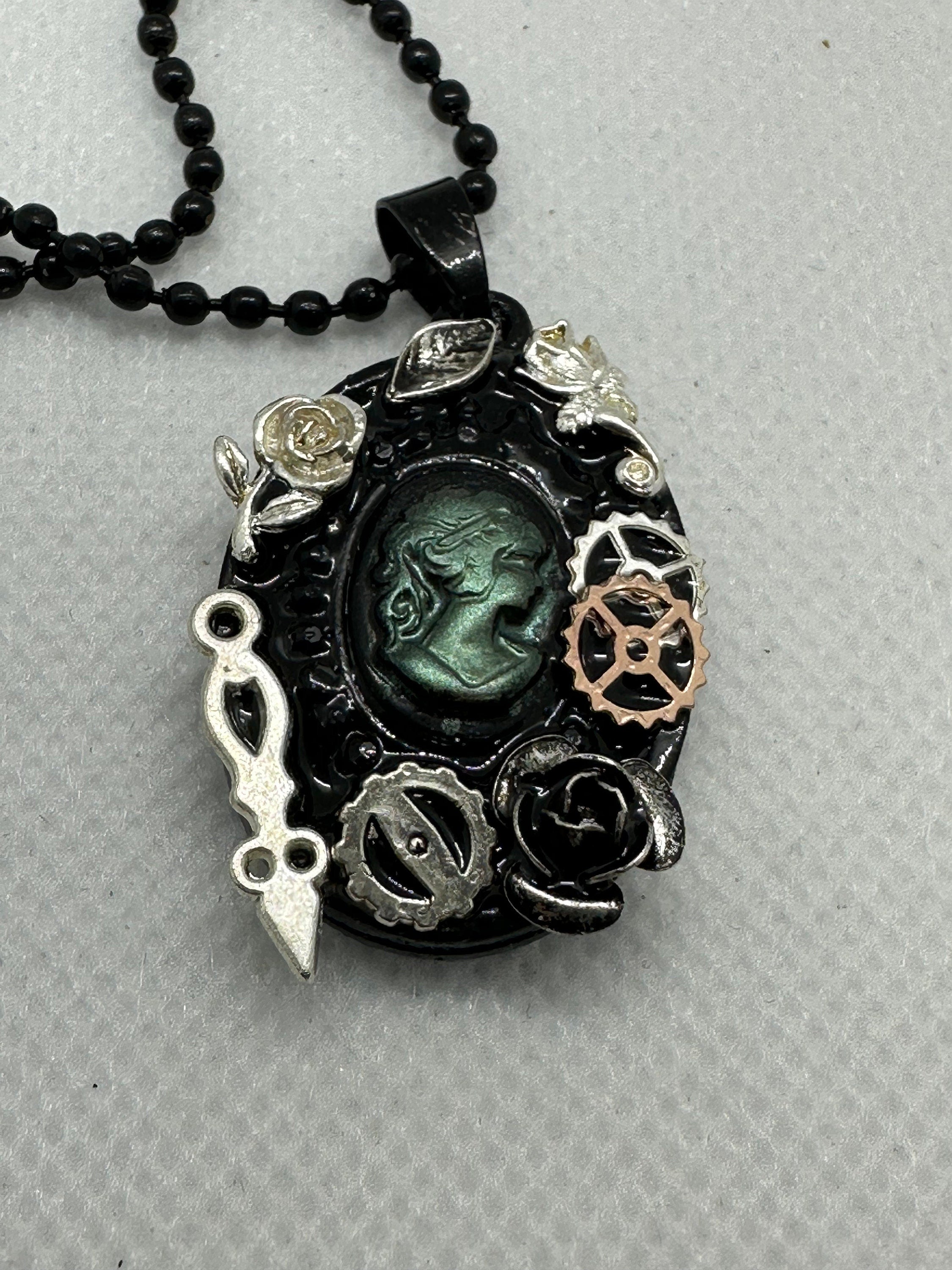Steampunk Black and Green Lady Cameo