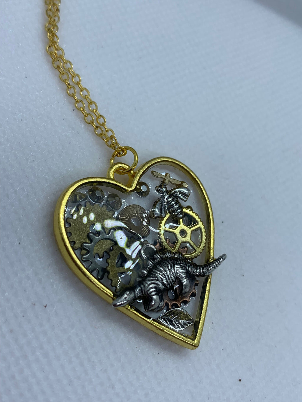 Dinosaur Steampunk Gold and Silver Heart Necklace