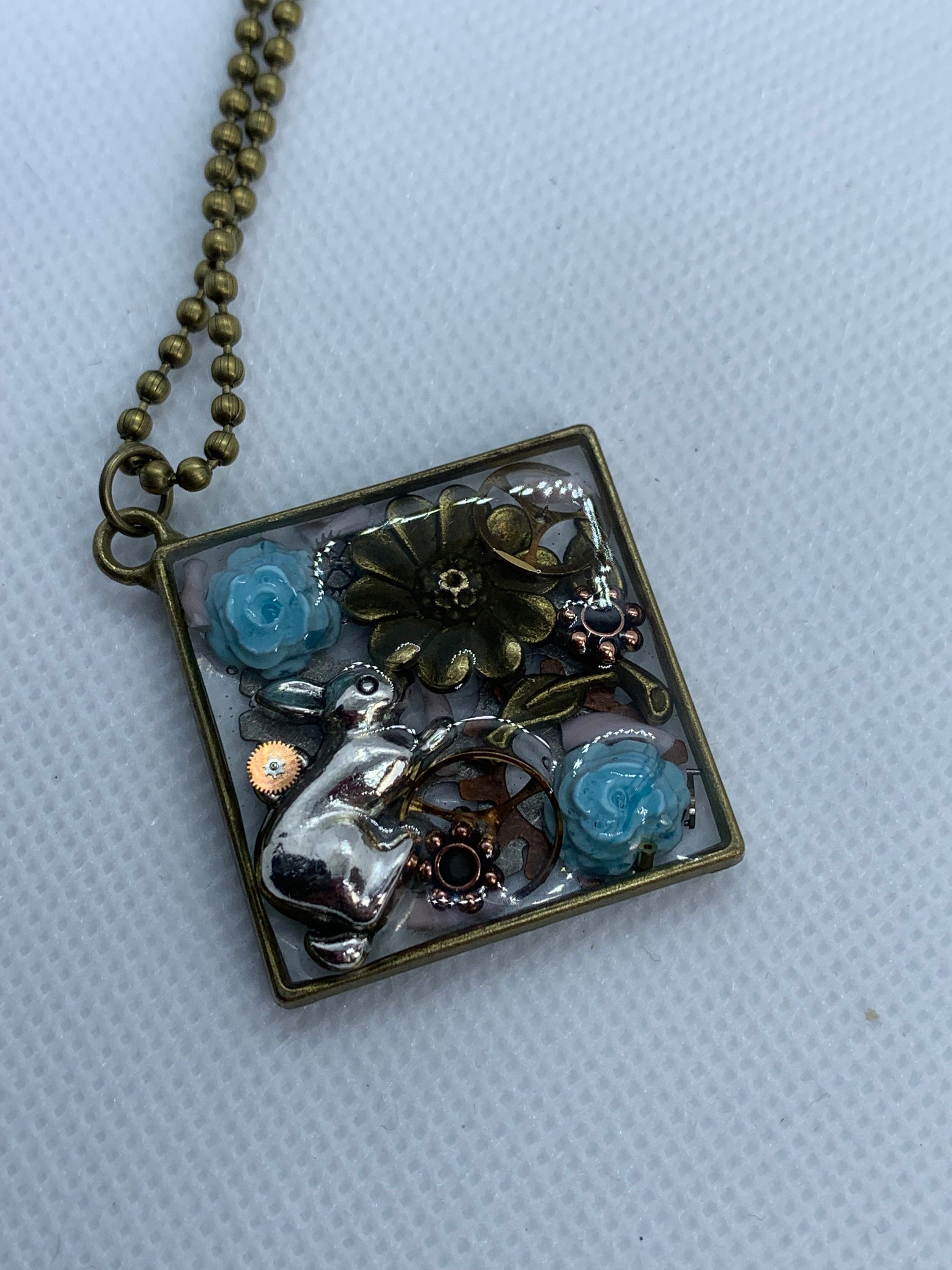Easter Rabbit Blue roses Steampunk Necklace