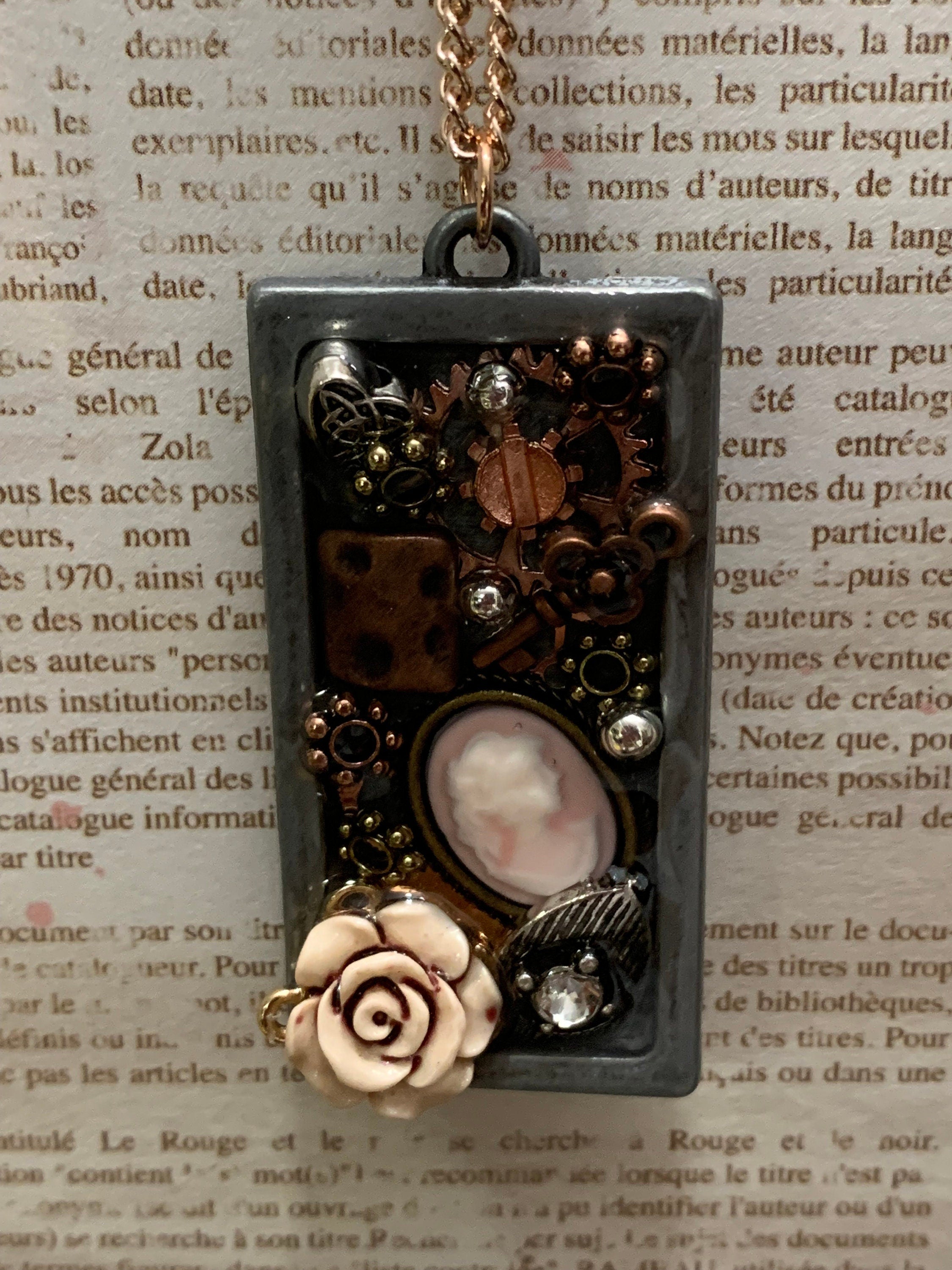 Steampunk Lady cameo rectangle necklace