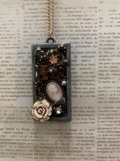 Steampunk Lady cameo rectangle necklace