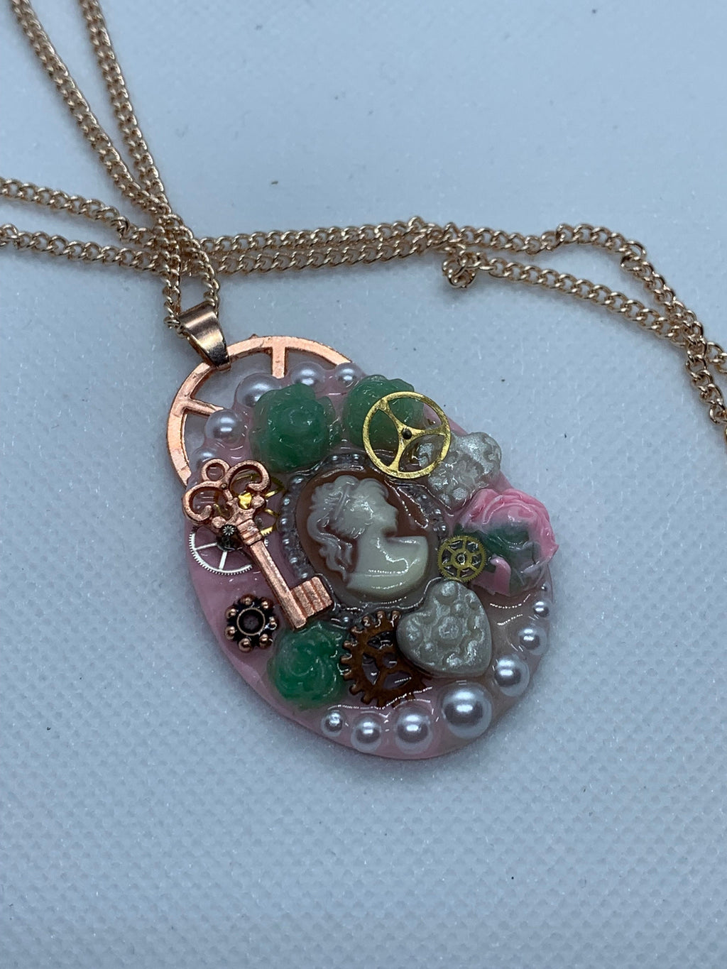 Oval Lady Cameo Steampunk Rose Pendant