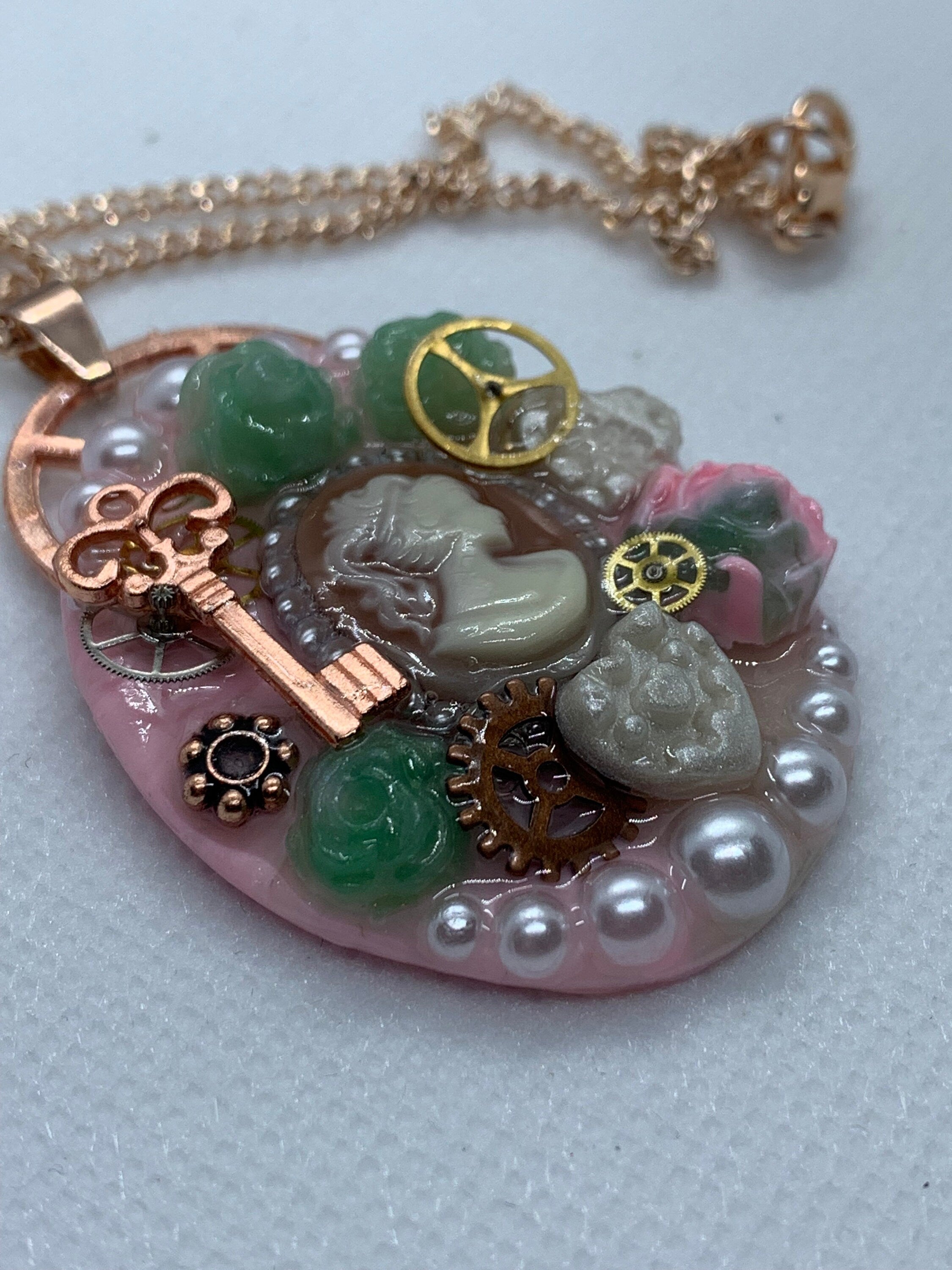 Oval Lady Cameo Steampunk Rose Pendant