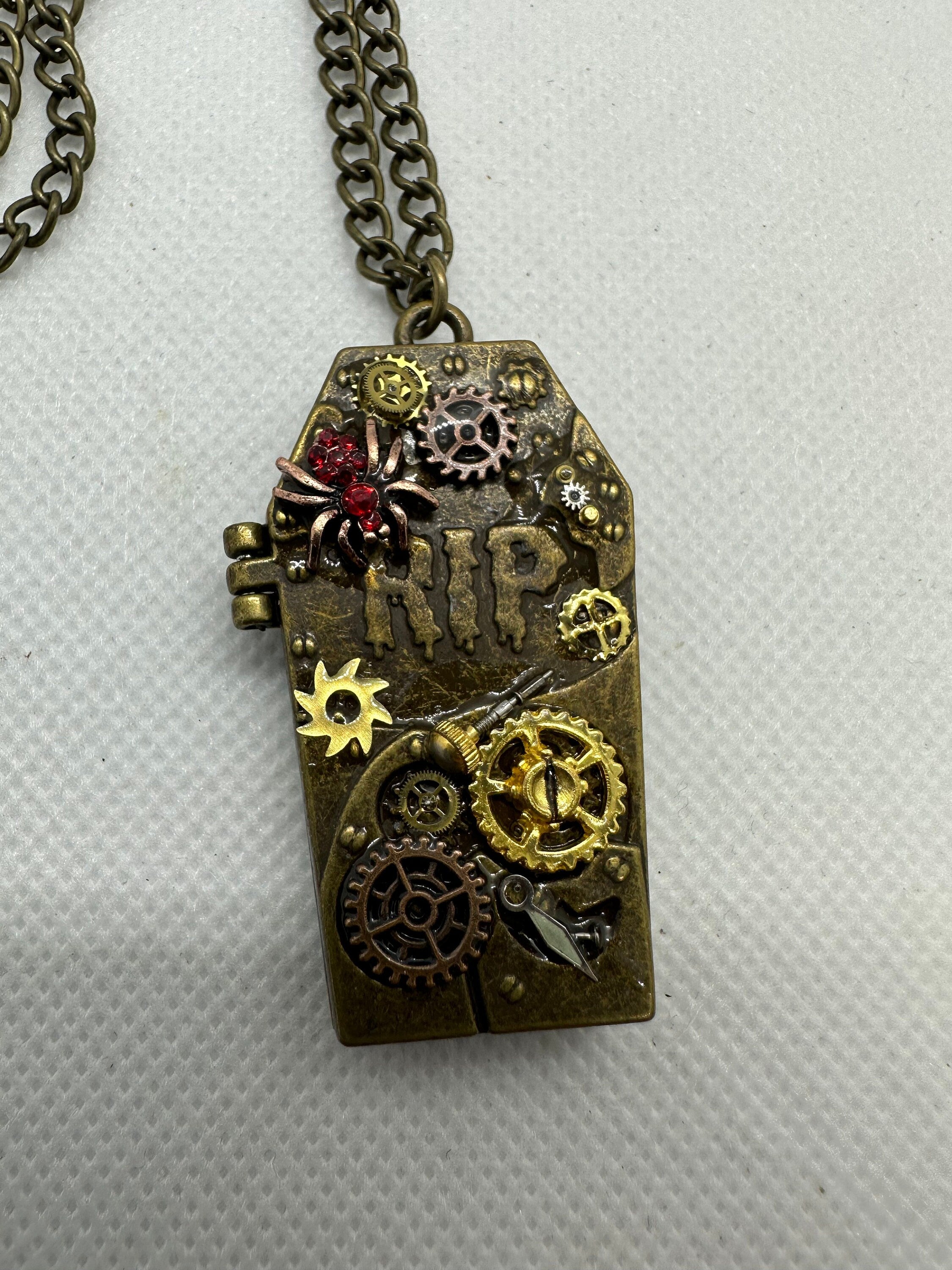 Halloween Coffin RIP Bronze Steampunk Locket Necklace