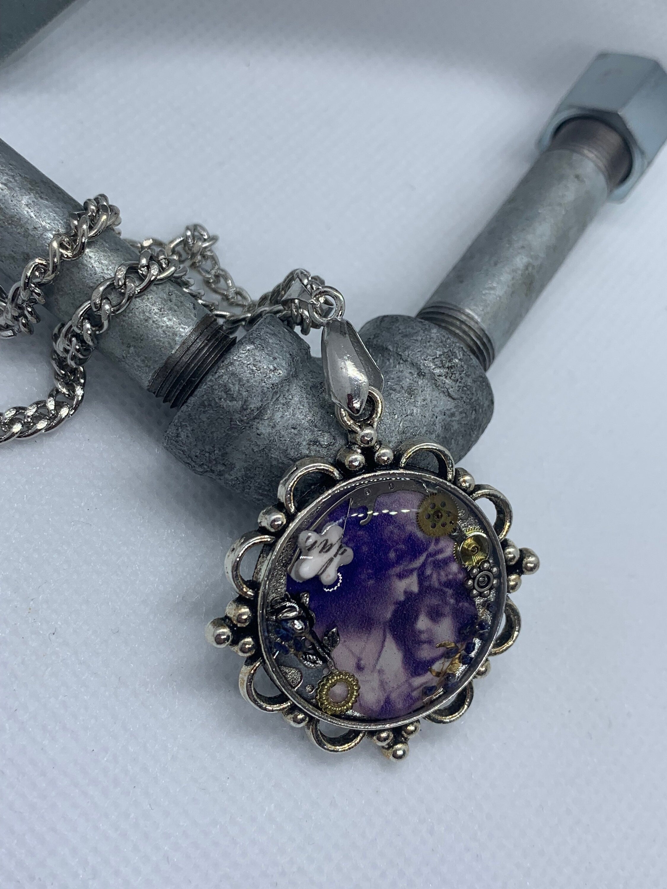 Round Silver Women and child Antique Steampunk Necklace