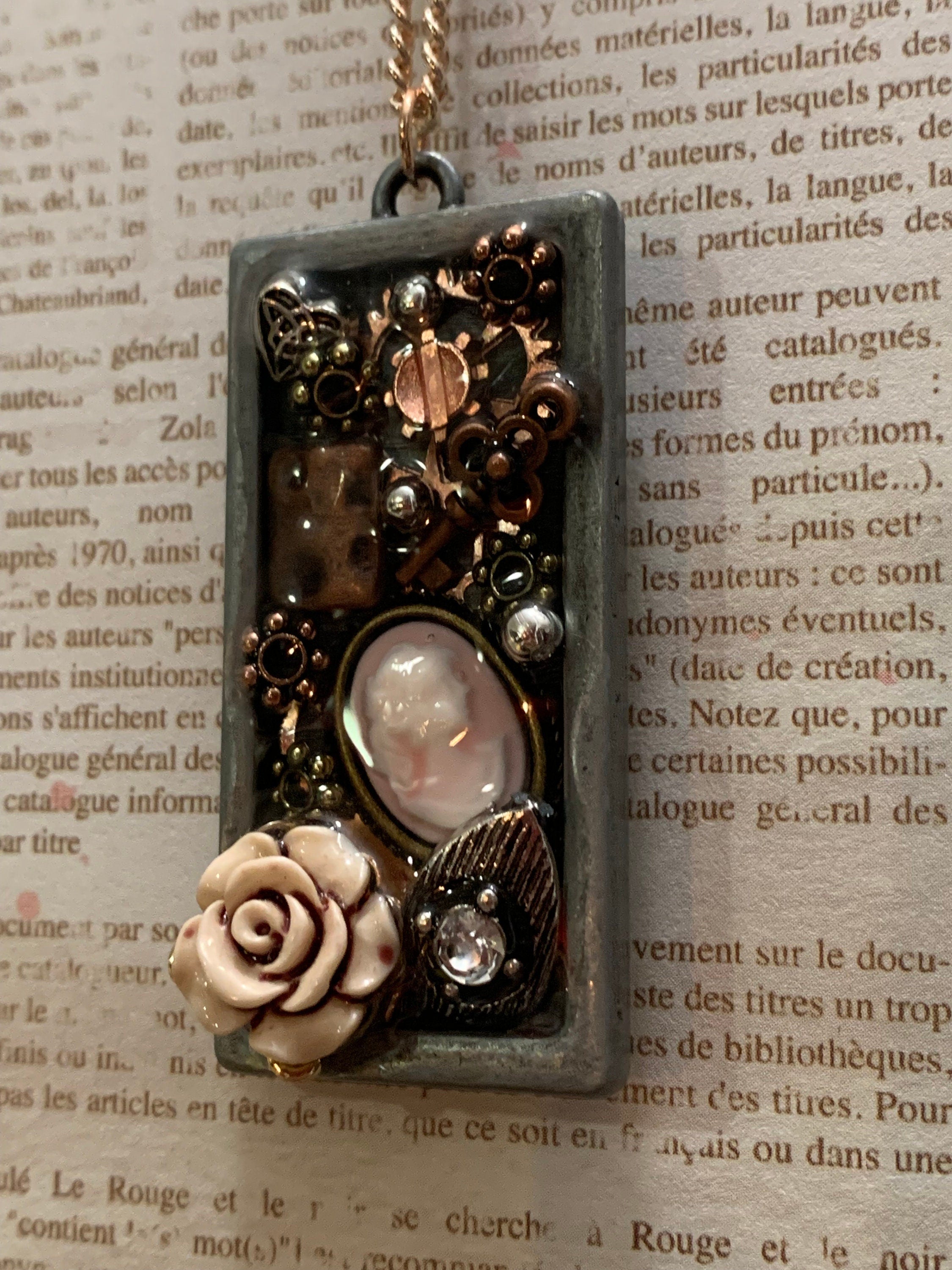 Steampunk Lady cameo rectangle necklace
