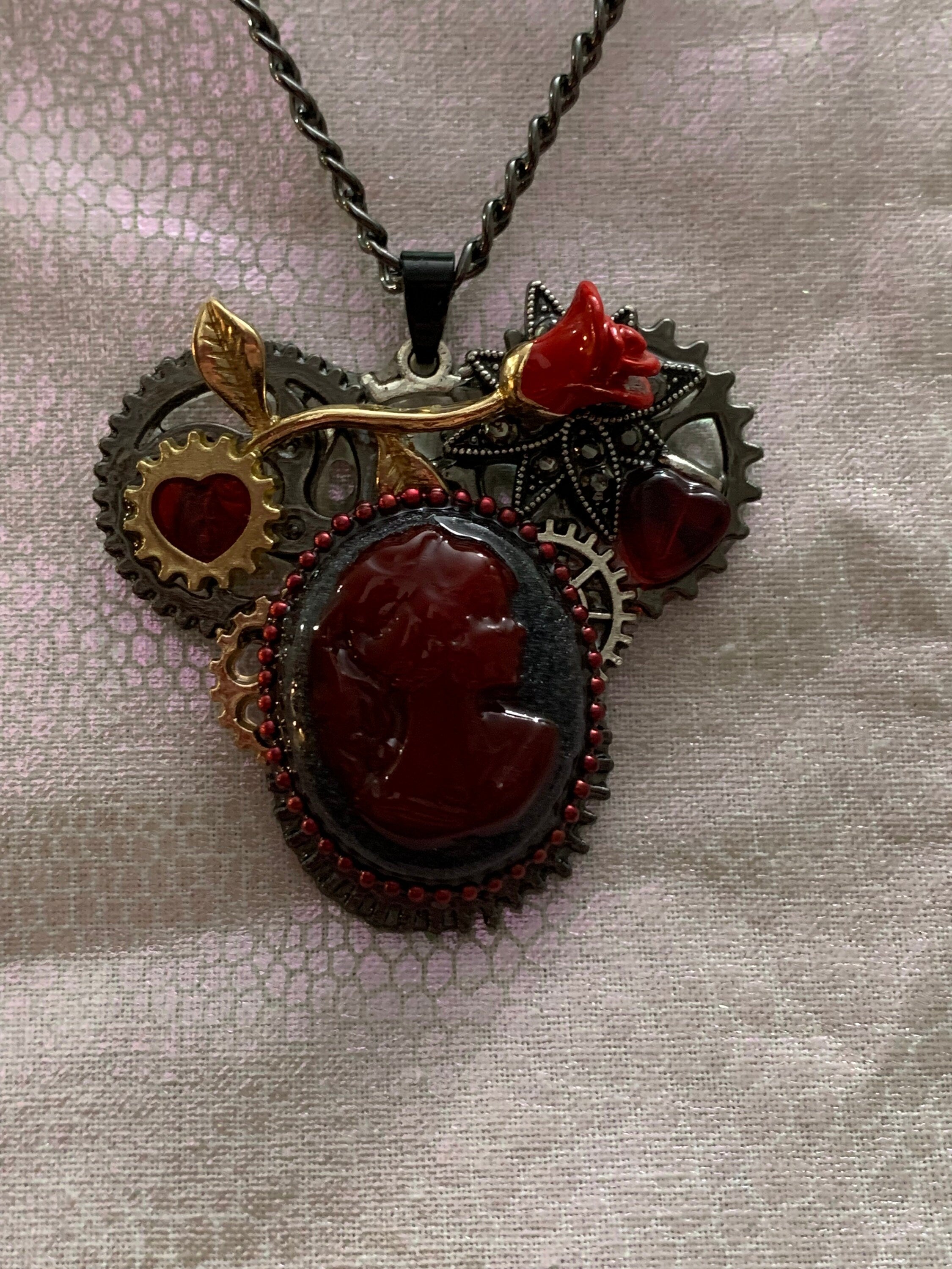 Lady Cameo Steampunk necklace Red and Black