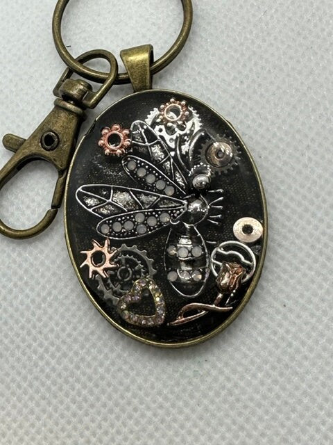Dragonfly Steampunk Oval Keychain